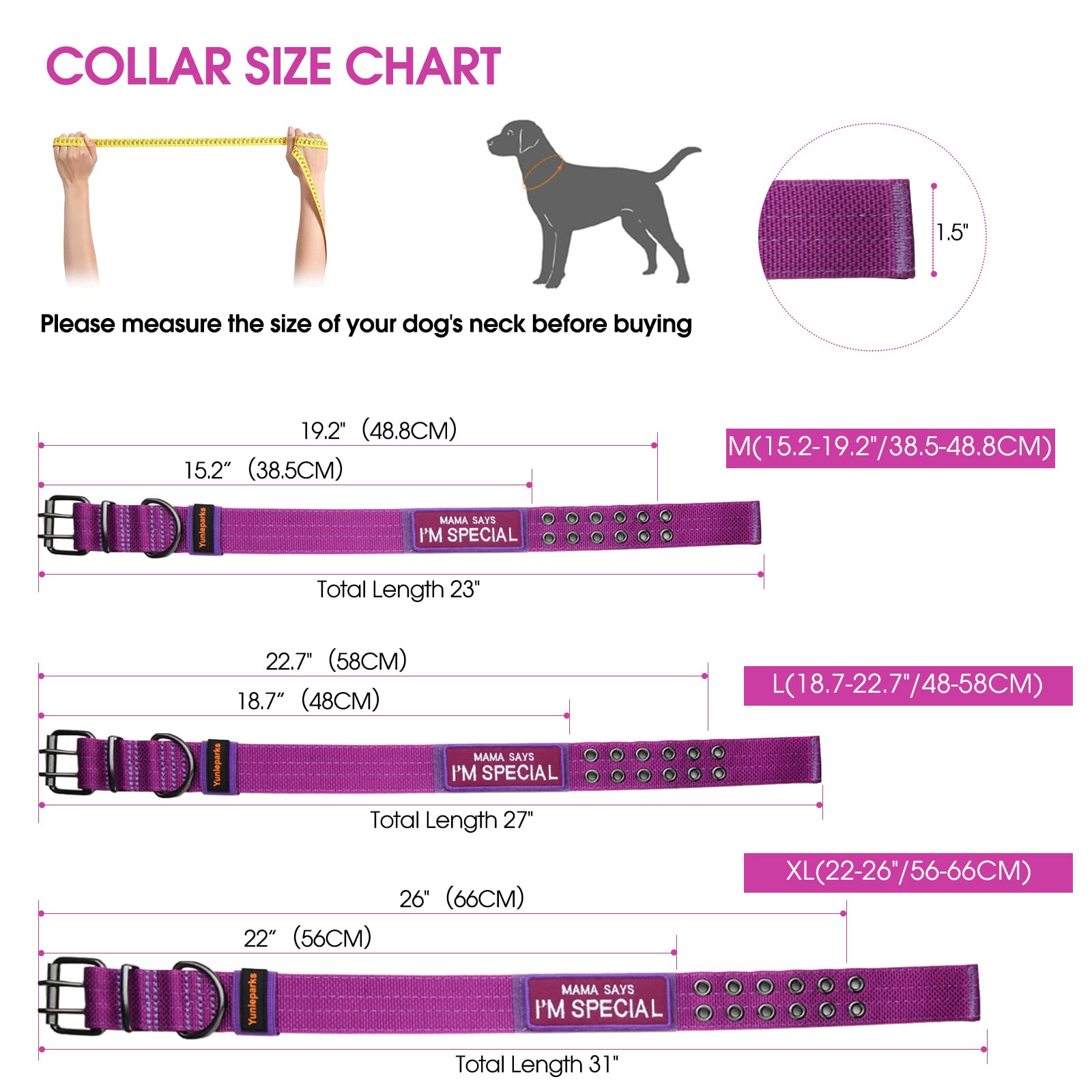 Yunleparks Tactical Collar For Medium Large Dogs, Heavy Duty Metal Buckle, Soft Neoprene Padded, Nylon Wide(Medium, Purple)