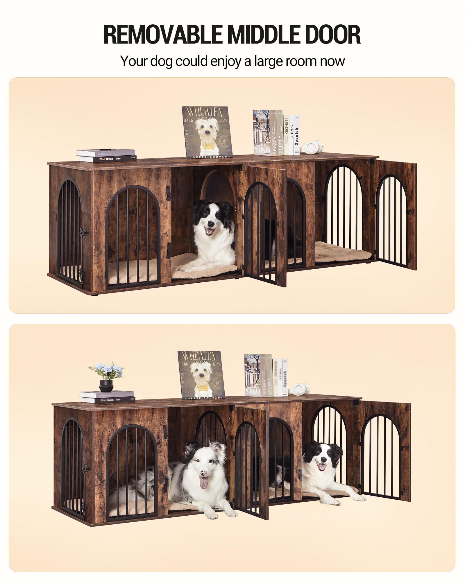 Hzuaneri 63" Heavy Duty Dog Crate Furniture, XL Wooden Indoor Kennel for 2 Dogs, White Brown, Model DFC80914BV1