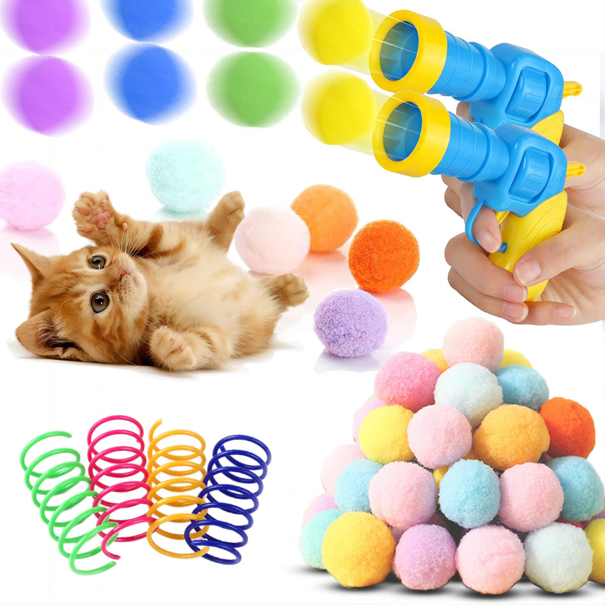 Baikevin Low Noise Interactive Cat Ball Launcher Gun, 2 Noise-Reduced Launchers (New Upgraded), 100 Pcs Colorful Silent Plush Po