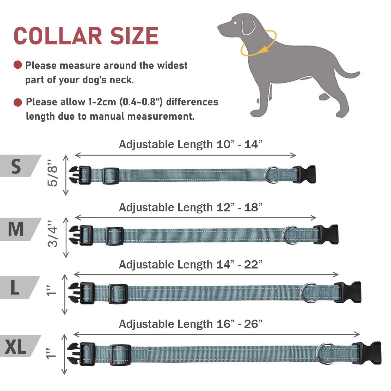 Reflective Dog Collar With Buckle Adjustable Safety Nylon Collars For Small Medium Large Dogs, Grey Xl