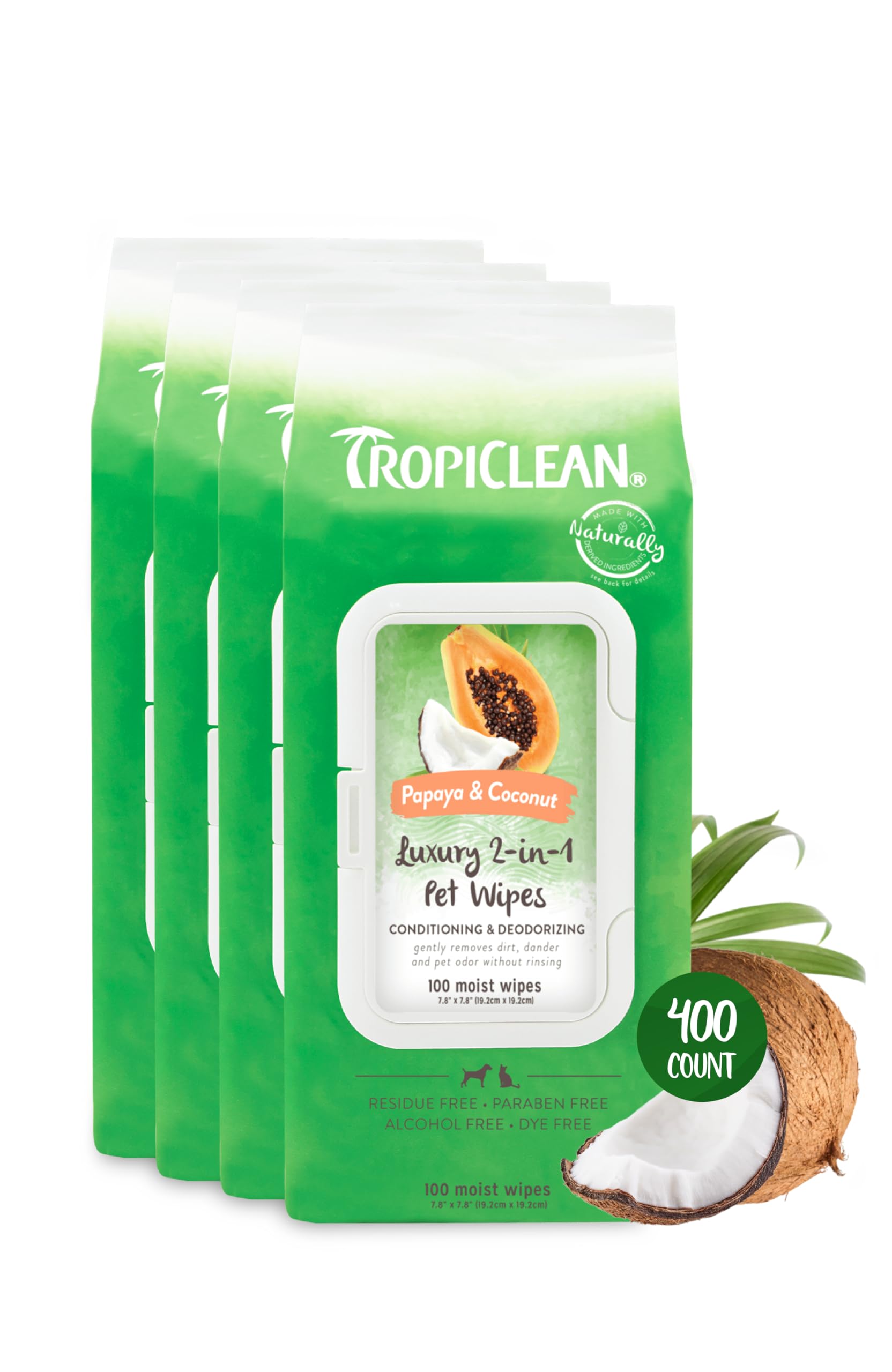 Tropiclean Papaya & Coconut Dog Wipes For Paws And Butt | Deep Cleaning Dog Grooming Wipes | Safe For The Face | Cat Friendly | 
