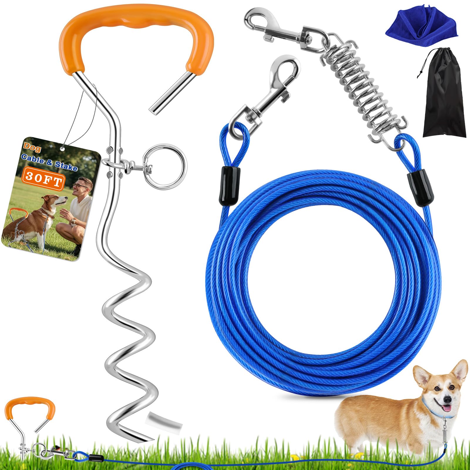 LANNEY Dog Tie Out Cable and Stake, 30ft Leash Chain Lead with Swivel Hook and Shock Spring for Yard Outside Camping, 16 inch He