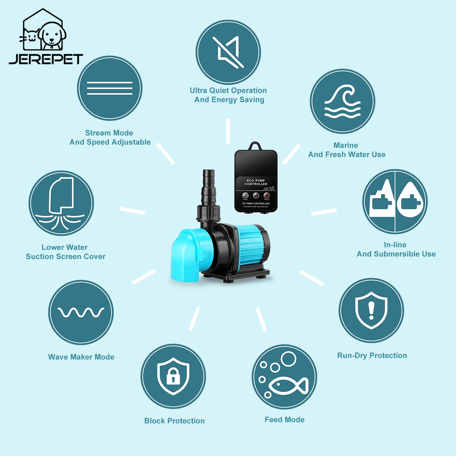 JEREPET 320GPH Mini Aquarium DC Water Pump with Controller, DC24V 12W Submersible Return Pump for Fish Tank,for 20g to 50g nano