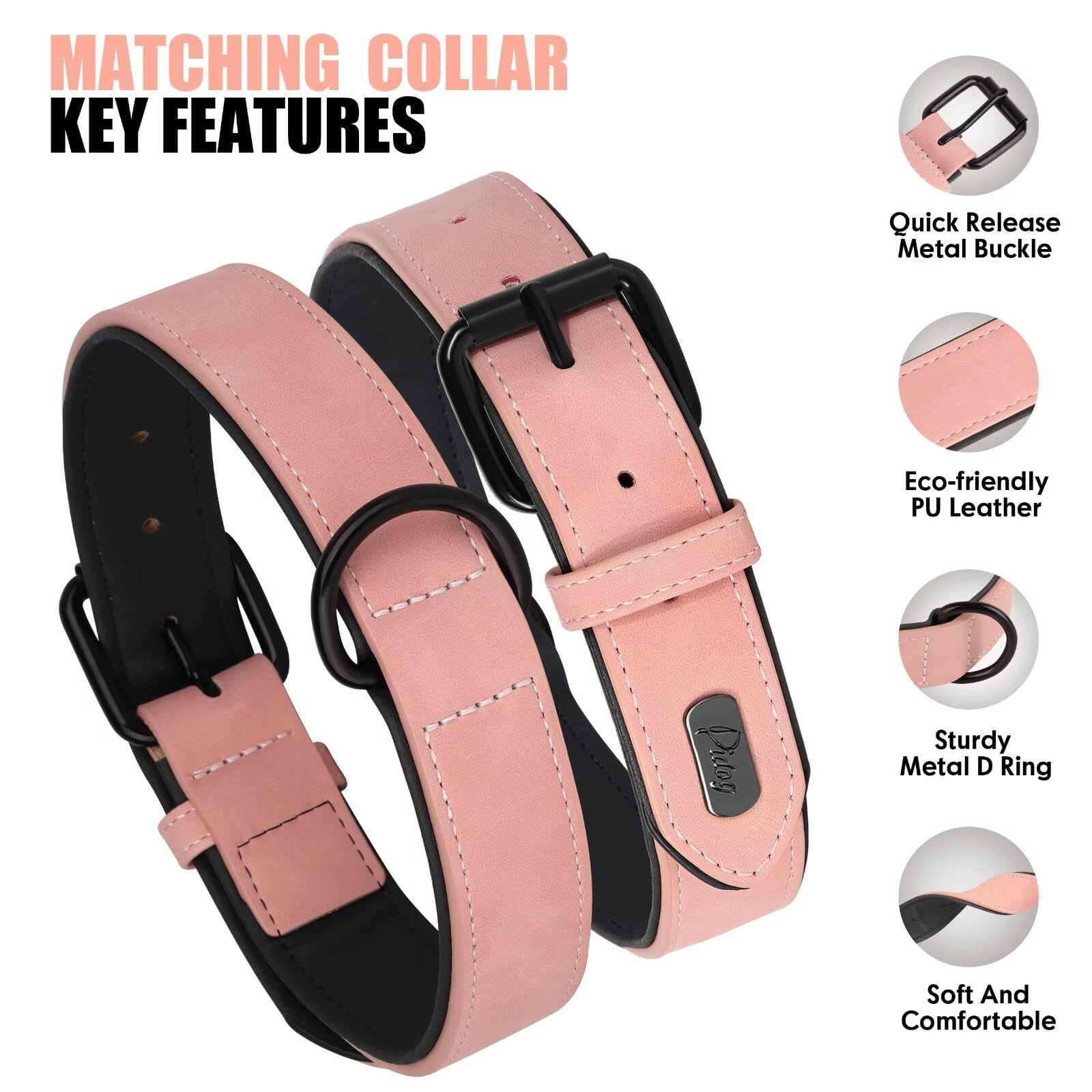 Didog Soft Padded Leather Dog Collar And Leash Set, Heavy Duty Pink Dog Leash And Collar Set With Metal Buckle, Breathable Dog C
