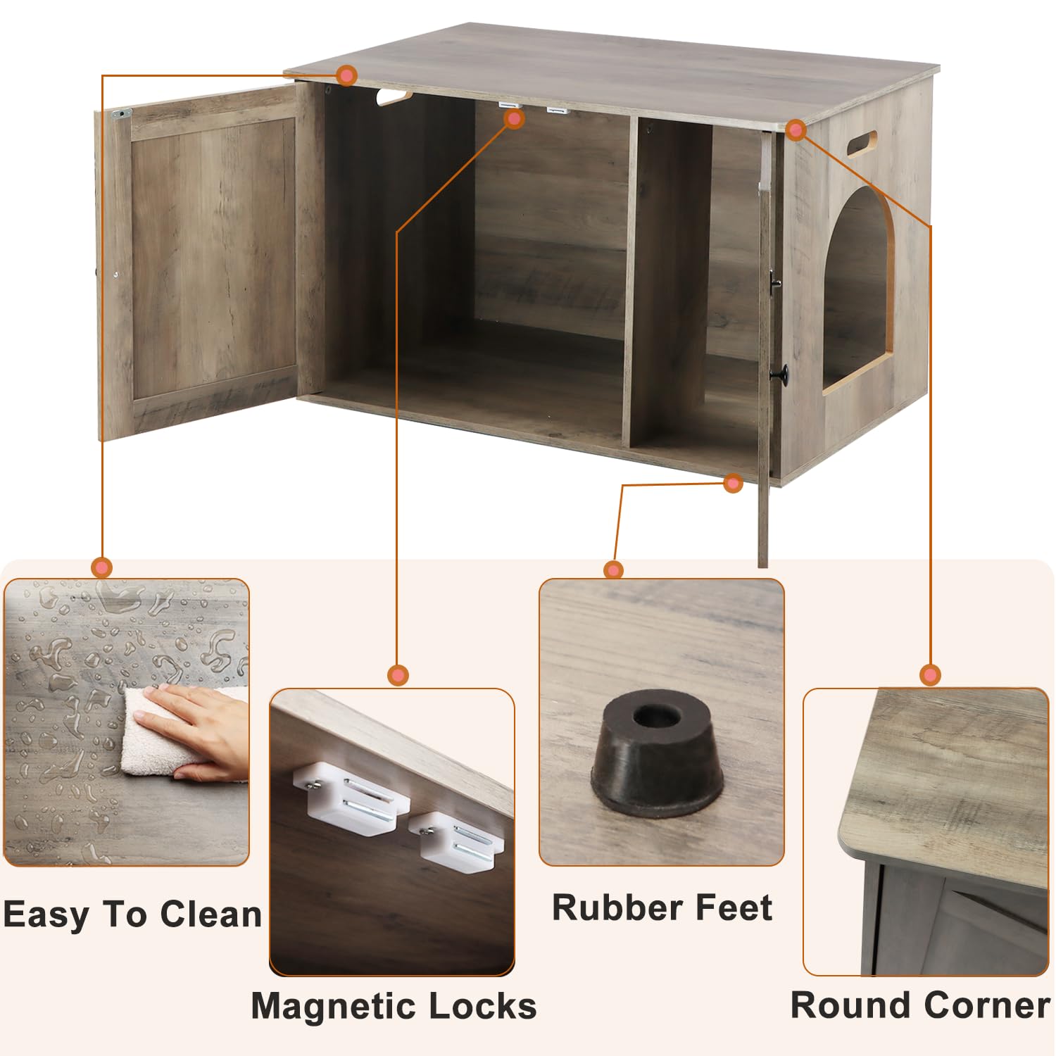 Timberer Cat Litter Box Enclosure, Litter Box Furniture Hidden With Removable Divider, Wooden Cat Washroom Furniture, Greige