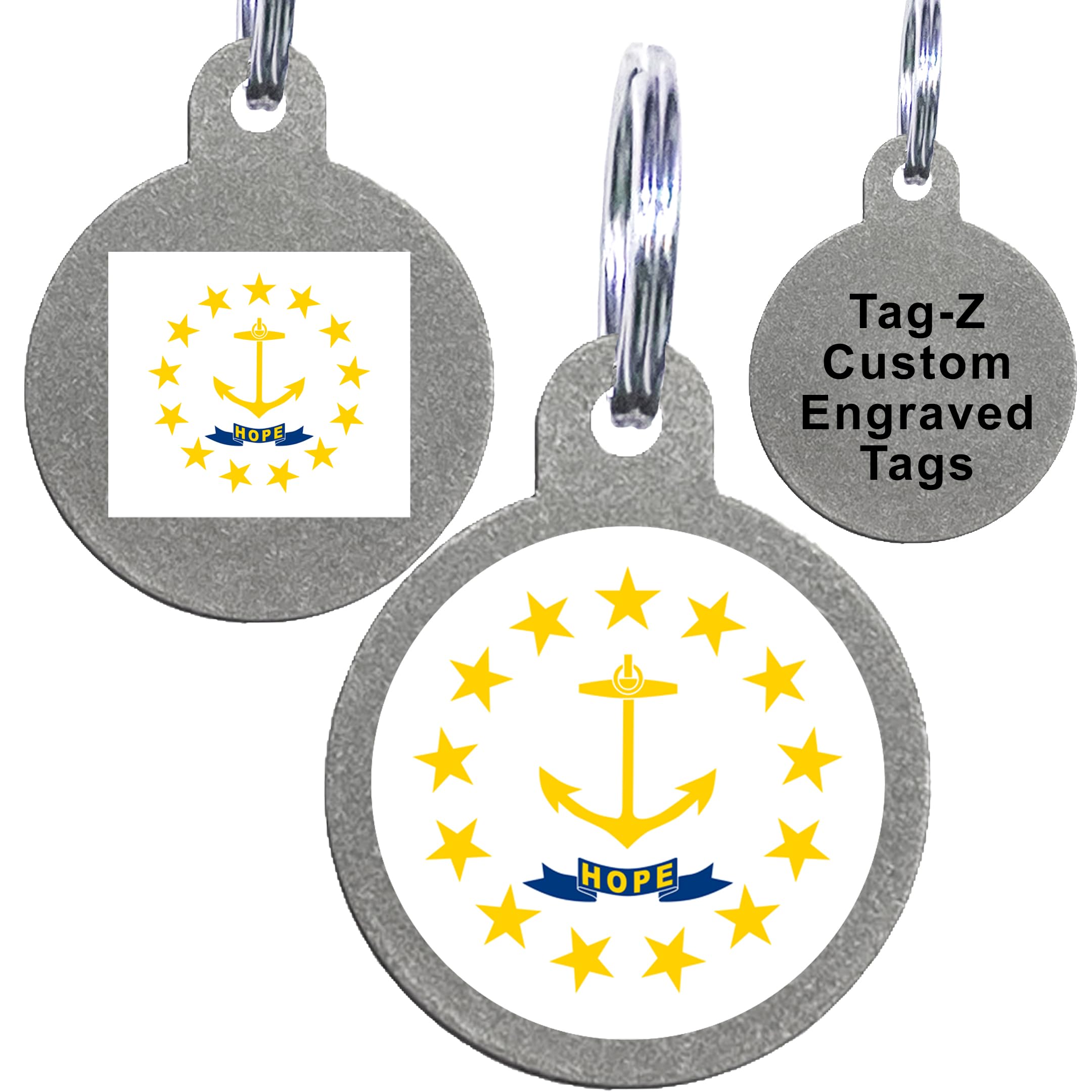 Rhode Island Flag Pet Id Tags, Custom Printed And Laser Engraved Circle