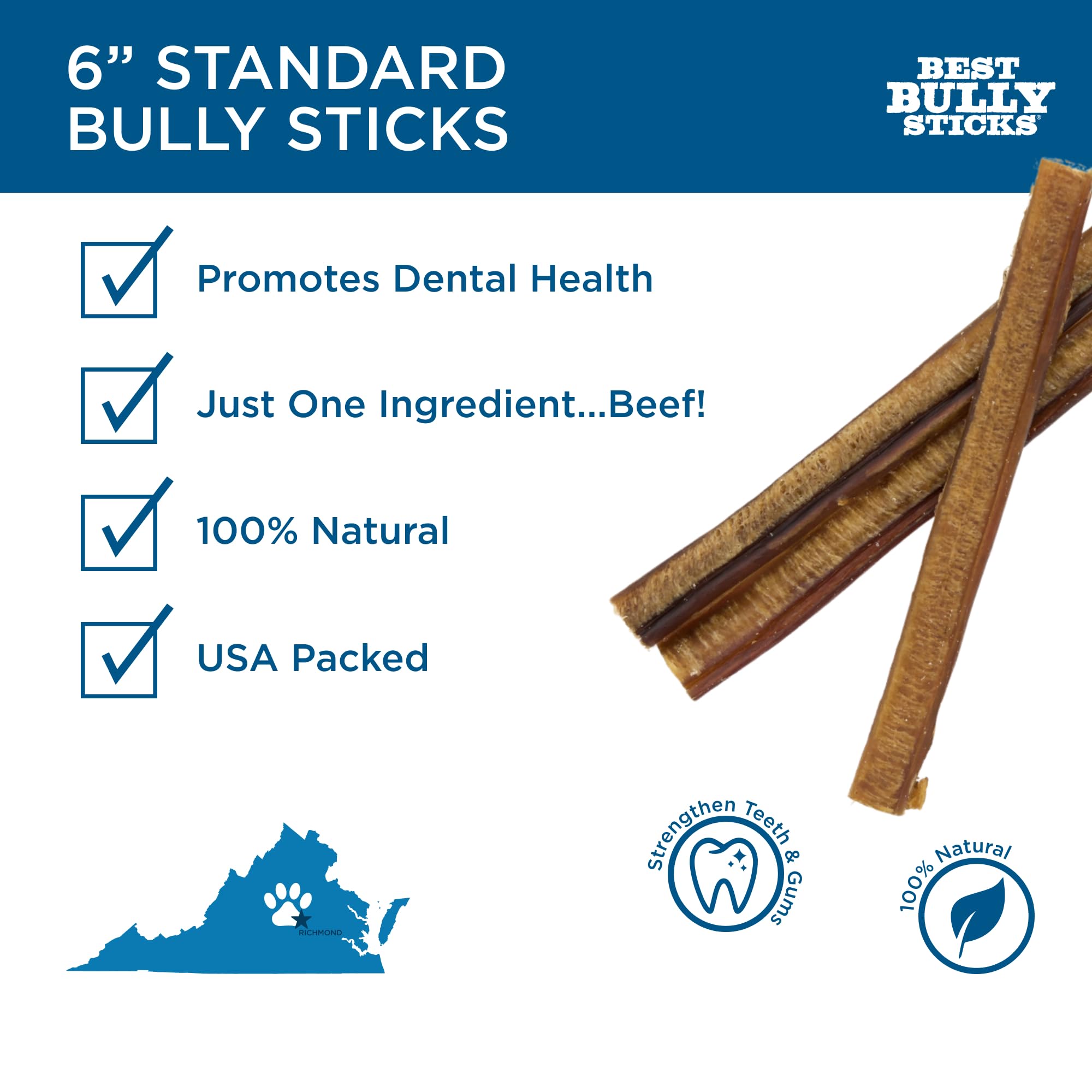 Best Bully Sticks 6 Inch Bully Sticks - 25 Count (Pack of 1) - Natural, Easily Digestible, 100% Grass-Fed, Grain and Rawhide Fre