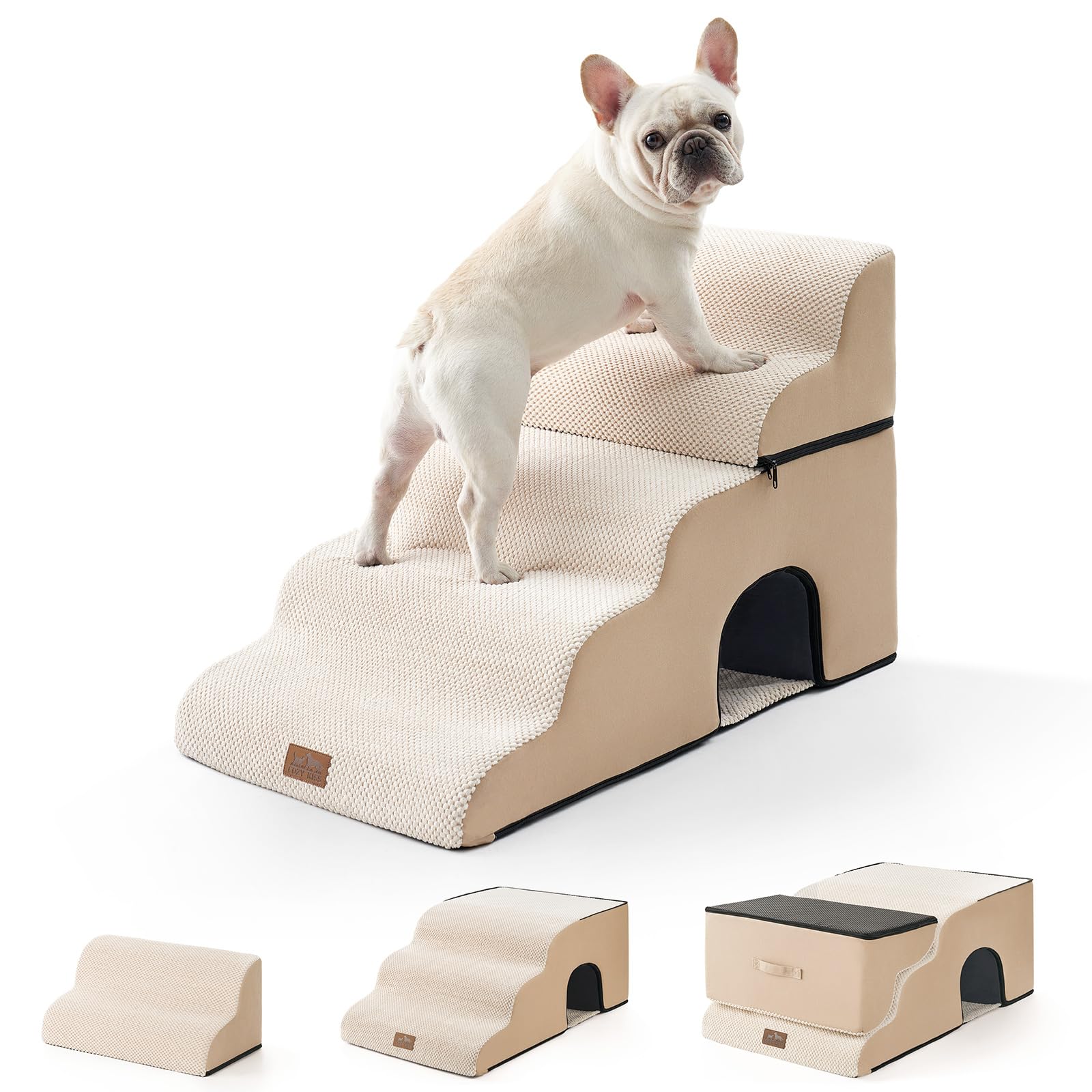 COZY KISS Wide Dog Stairs for Bed with Tunnel 19.7 Width, Foam Detachable Large Dog Step for Small Dog, Puppy or Cats, Medium Pe