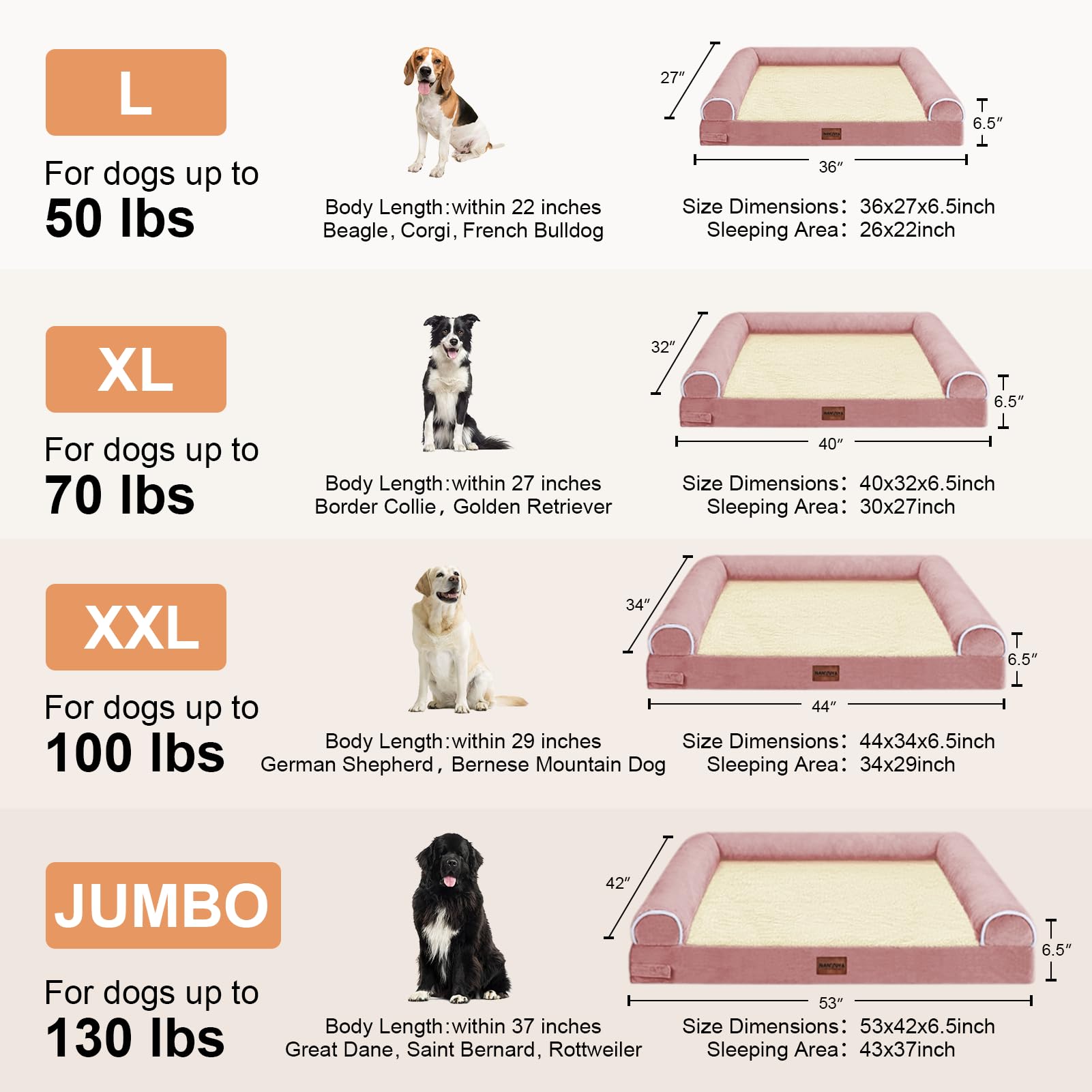 Large Dog Bed Orthopedic Washable: Beds Bolster Xl Bed Big Xlarge Dogs Memory Foam Sofa Couch Waterproof Removable Cover - Pink