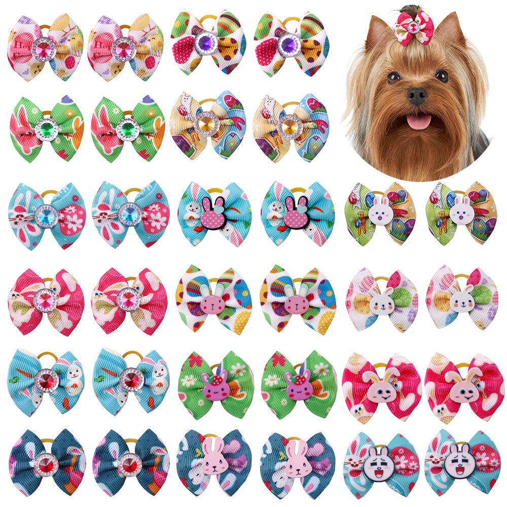 Masue Pets 20Pcs/10Pairs Dog Easter Rhinestone Bows With Rubber Bands, Rabbit Eggs Styles, 1.5 Inches, Multicolor, Cotton/Polyes