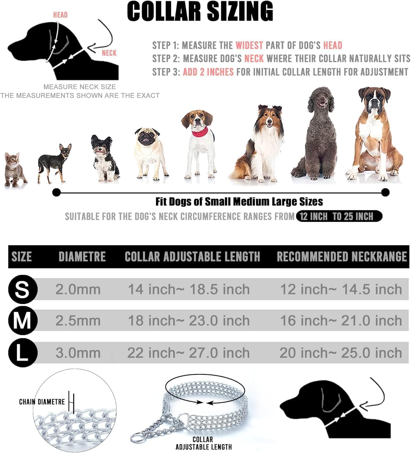 Heavy Duty Dog Choker Chain Collar, Silver Double Row Martingale Chain Dog Collars, Chew Proof Metal Cuban Link Dog Collars Adju
