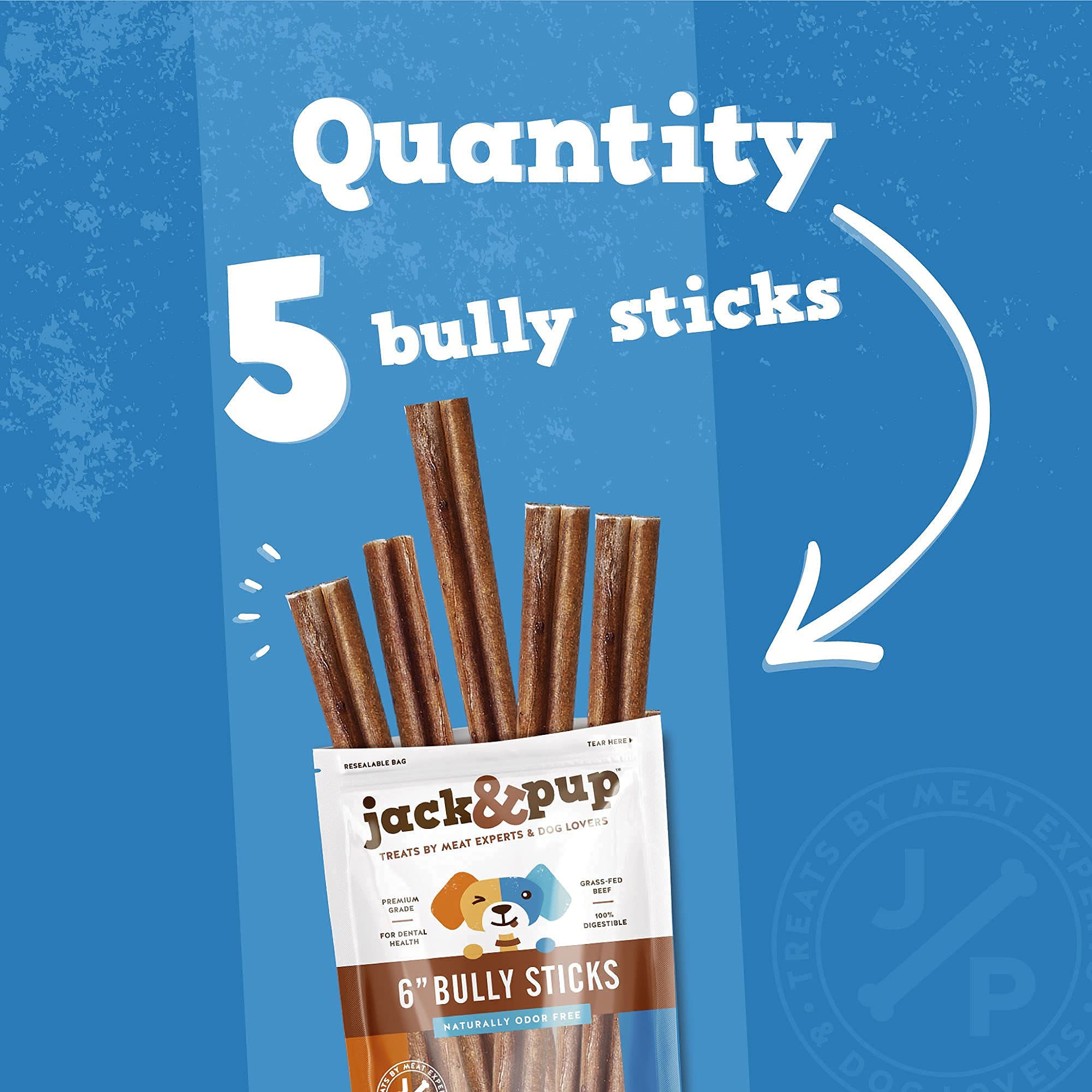 Jack&Pup 6 Inch Bully Sticks for Medium Dogs  Thick Odor Free Bully Sticks Long Lasting  All Natural, 100% Beef Pizzle Sticks (T