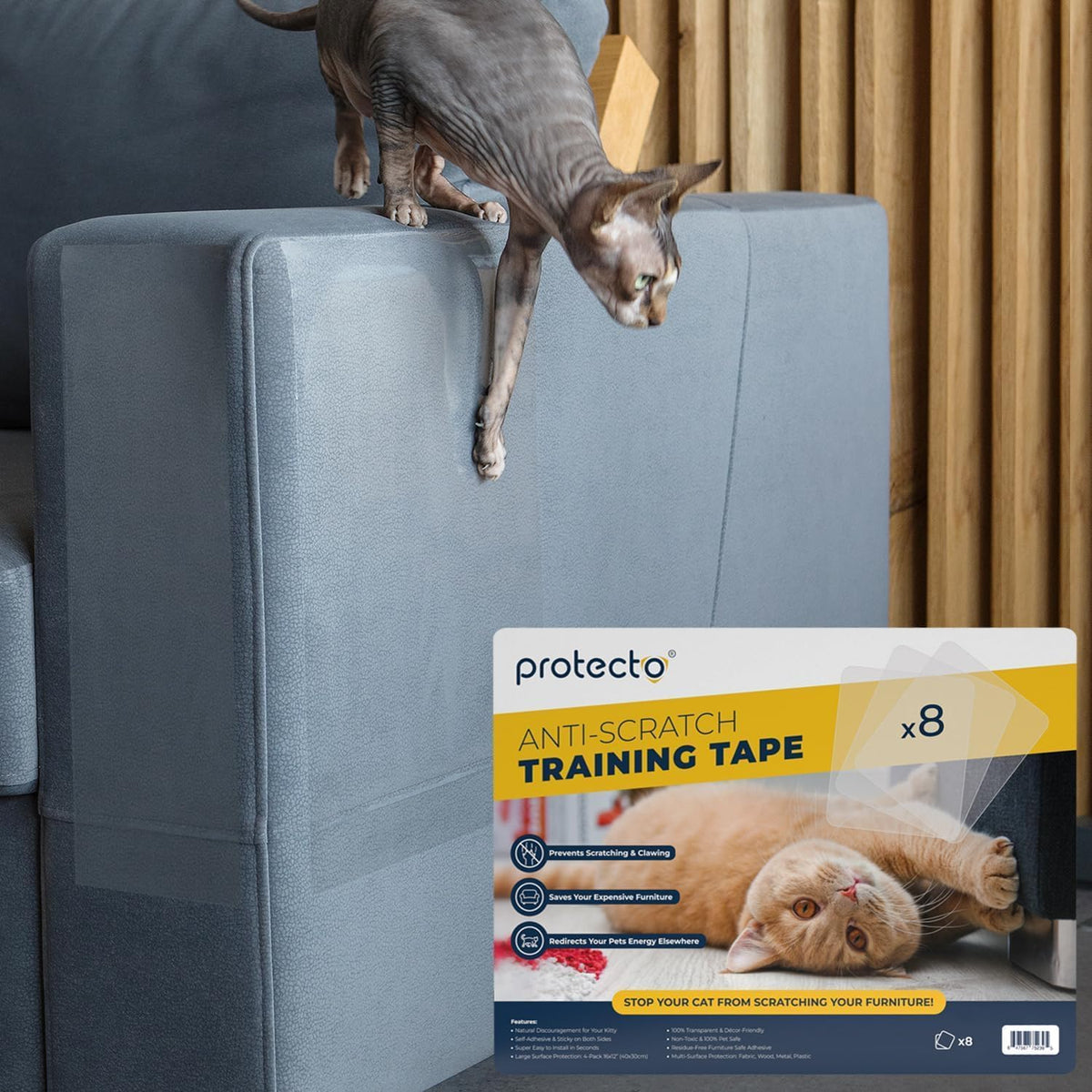 Protecto® Cat Scratch Furniture Protector - 16'X12' Clear Pet Couch Protector Scratch Guard - Self-Adhesive Sofa Safe™ Design - Cat Scratching Post For Couch, Sofa Legs & Corners (8-Pack)