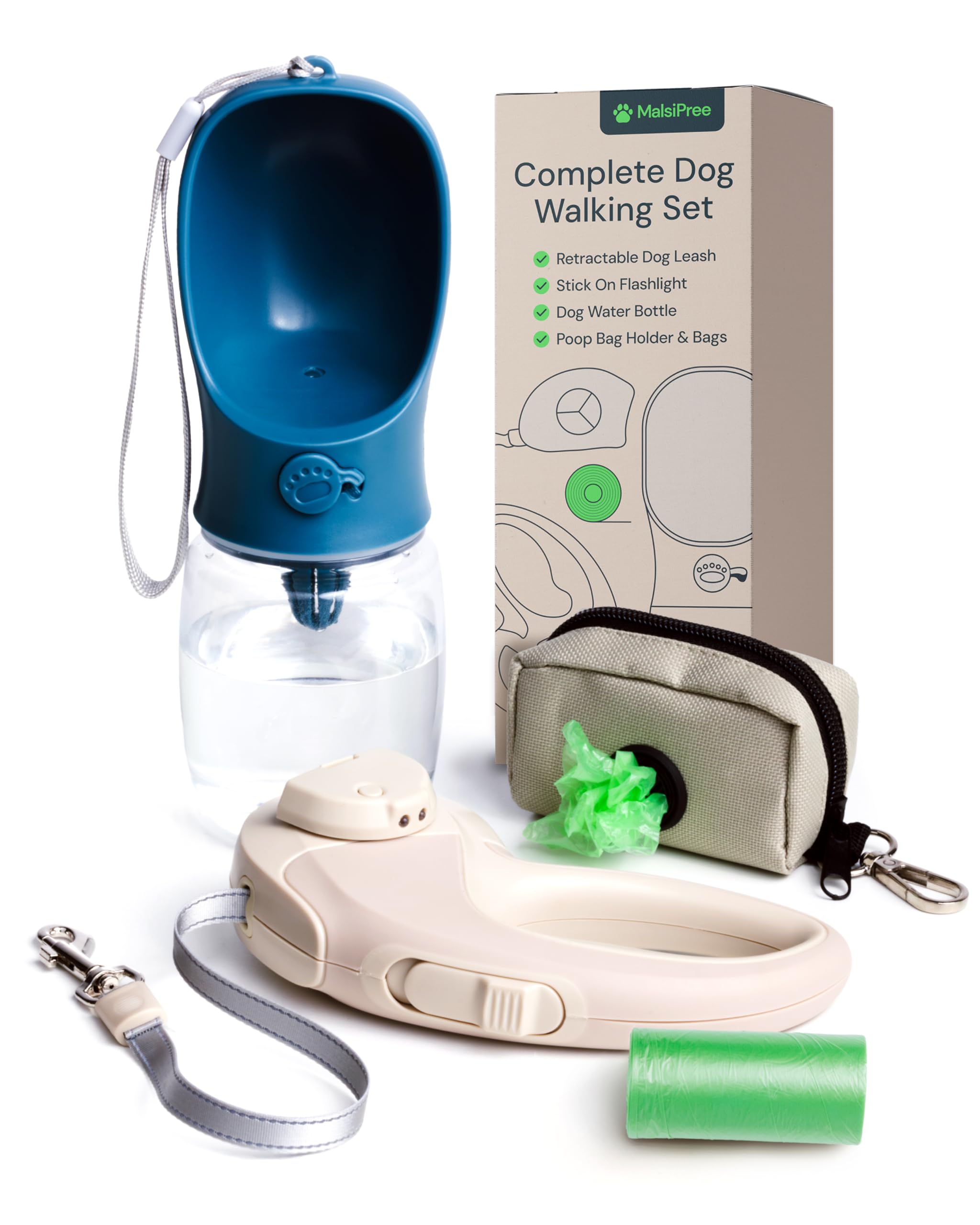 Malsipree Walking Set With Retractable Dog Leash, Poop Bag Holder, Leak Proof 12 Oz Dog Water Bottle, Flashlight & 20 Poop Bags 