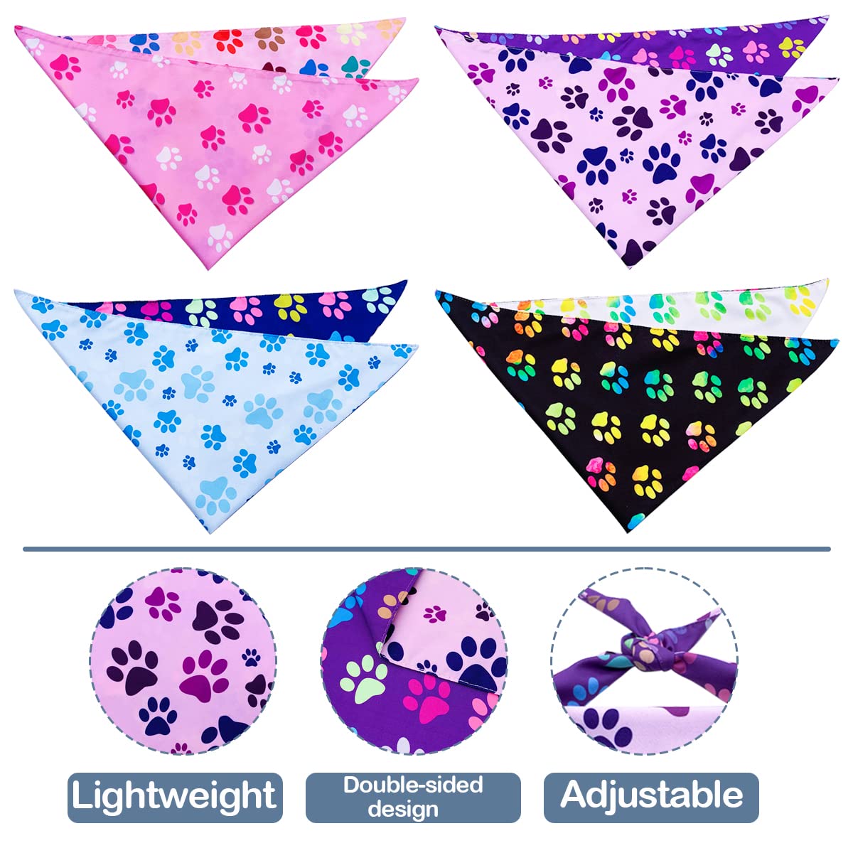 Pet Show 4 Pack Paw Print Big Dog Bandanas Set Girl Boy Reversible Adjustable Dogs Scarves Cat Daily Birthday Party Triangle Bibs Grooming Accessories For Medium Large Dogs Puppies Pets