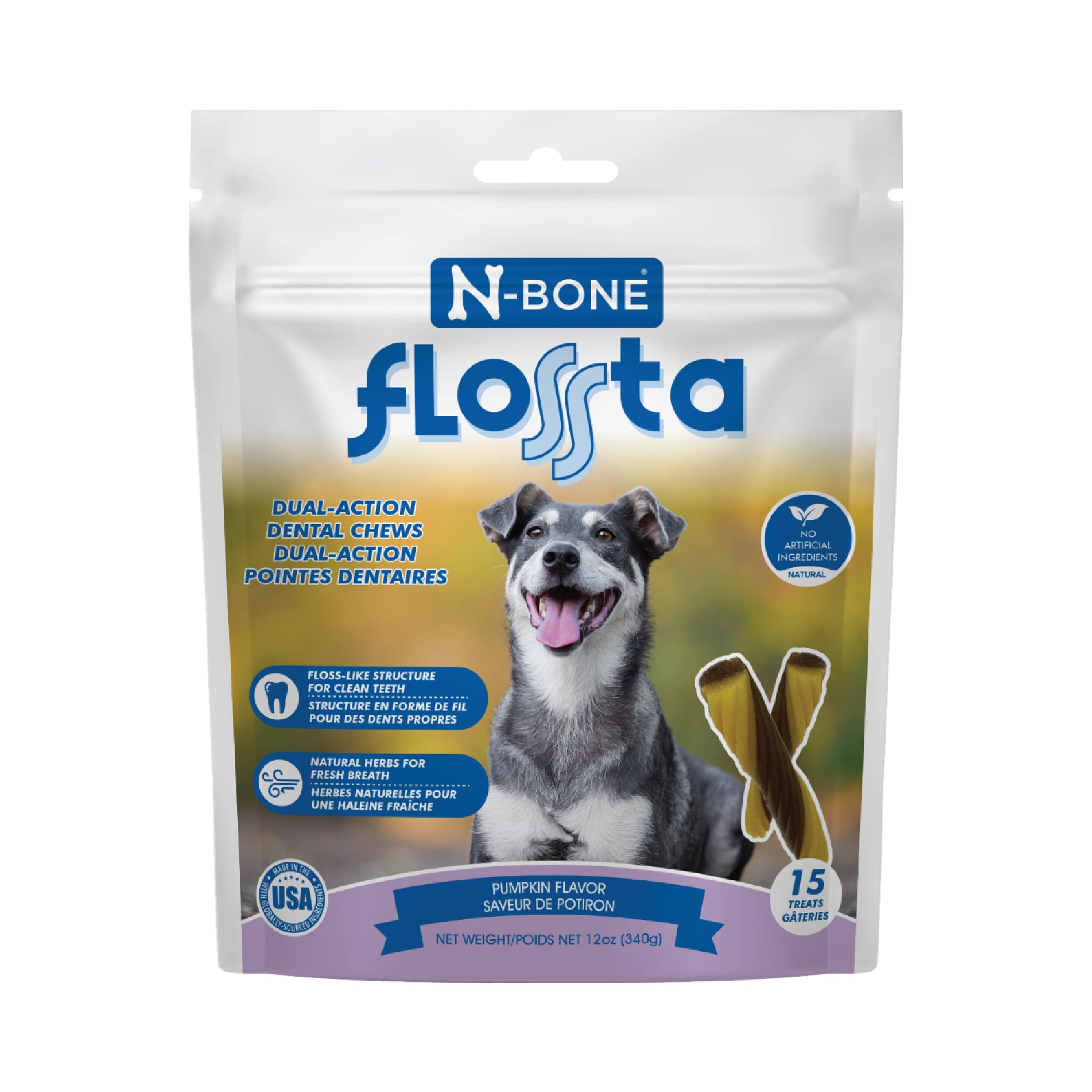 N-Bone Flossta Dual Action Dental Chews for Dogs, Unique Twist Shape for Deep Teeth Cleaning and Proactive Dental Care, Pumpkin 