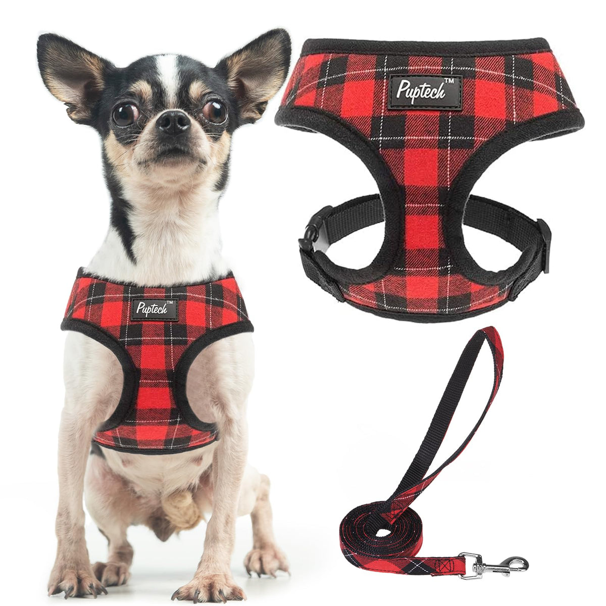 Pupteck Soft Mesh Dog Harness And Leash Set Pet Puppy Cat Comfort Padded Vest No Pull Harnesses, Red&Black, Xs
