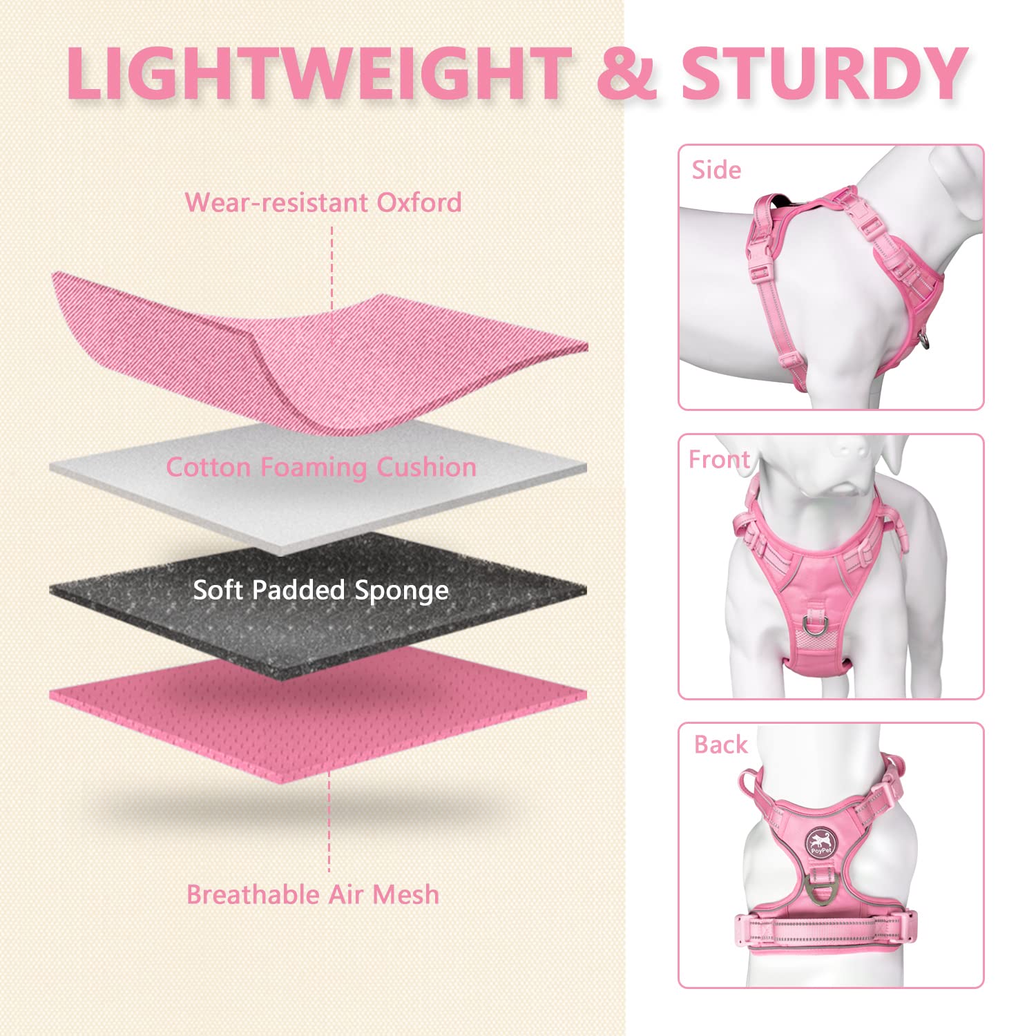 Poypet No Pull Dog Harness, No Choke Reflective Dog Vest, Adjustable Pet Harnesses With Easy Control Padded Handle For Small Medium Large Dogs(Light Pink Matching Trim,S)