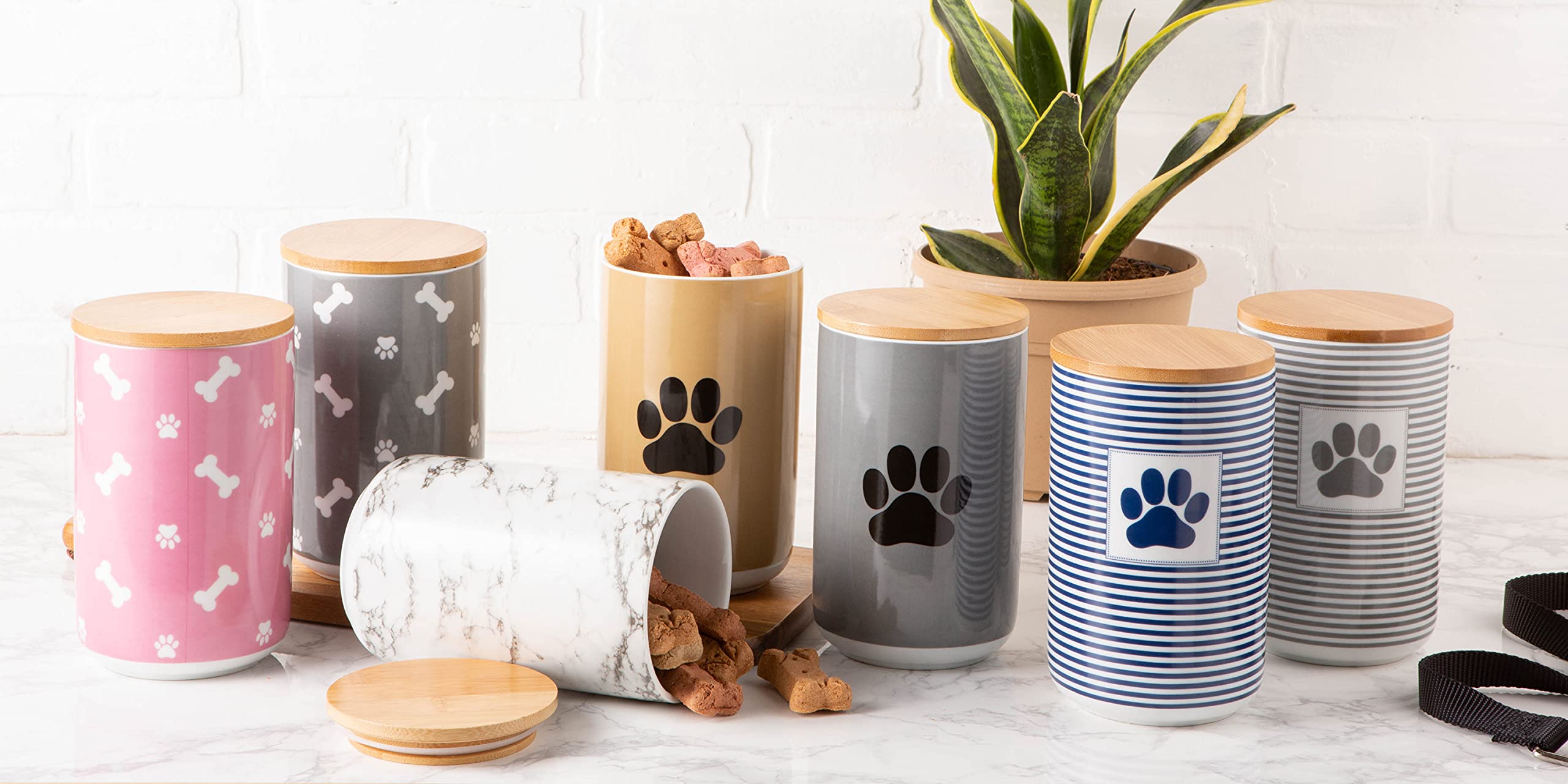 Bone Dry Ceramic Canister for Pet Treats Bamboo Twist to Close Lid, Dishwasher Safe, Keep Dog & Cat Food Safe and Dry, Treat Jar