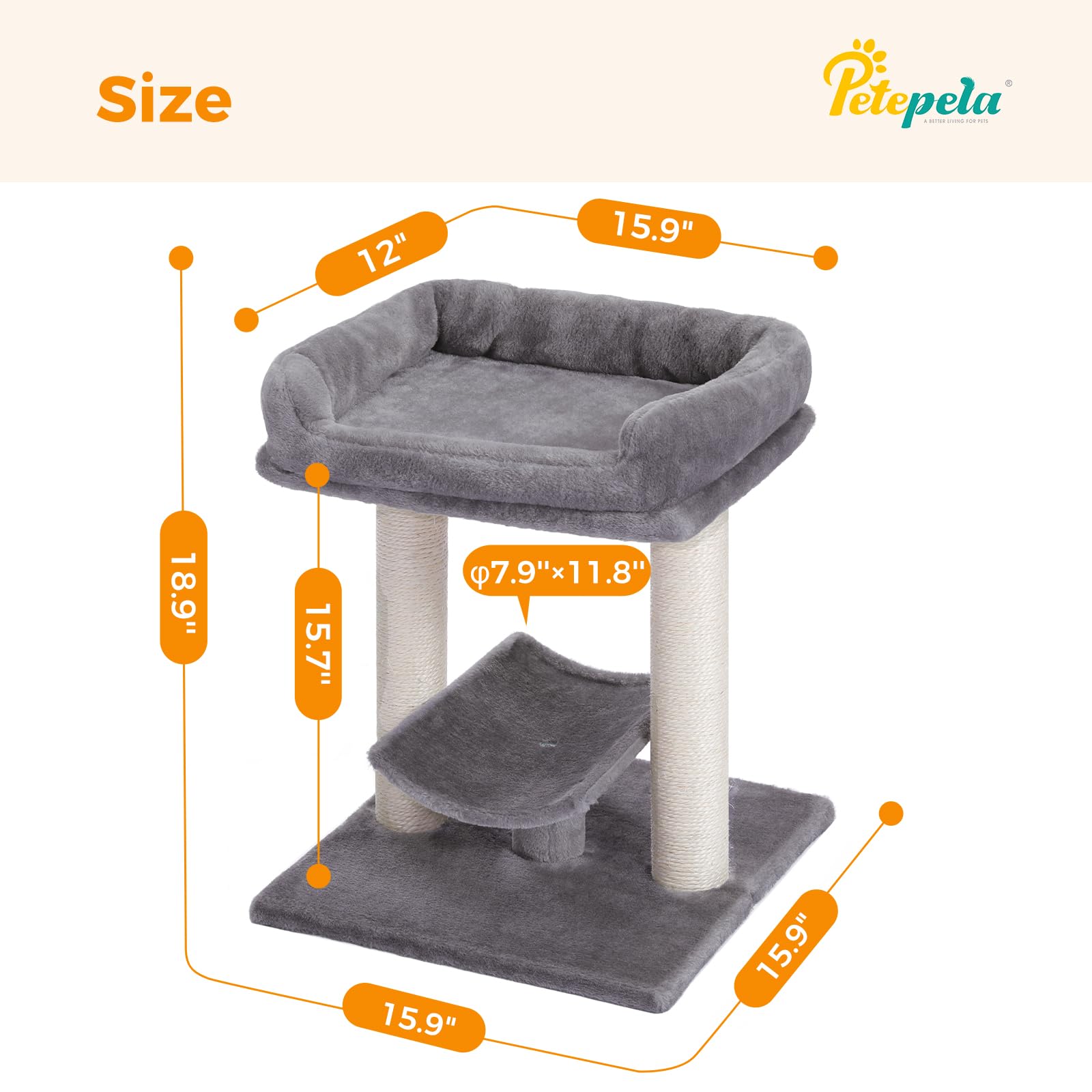 Petepela 19'' Scratching Post, Cat Tree Tower, 100% Natural Sisal Scratcher With Large Plush Top Perch Bed, Cozy Platform For Ki