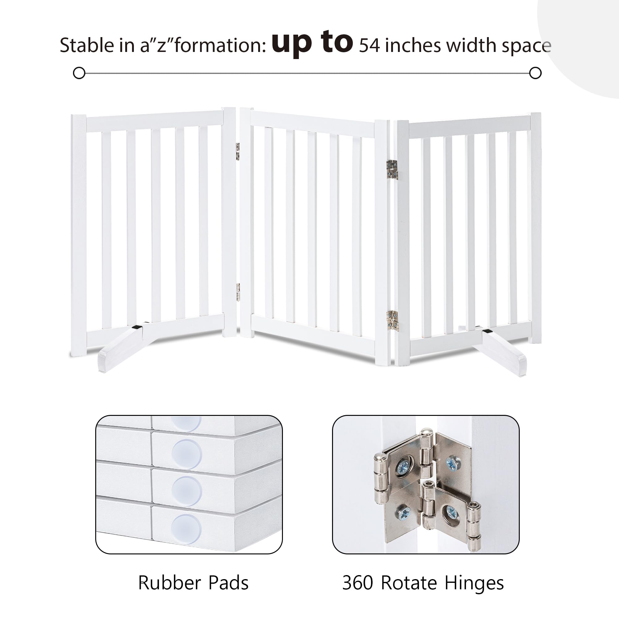 Lzrs Solid Hardwood Freestanding Pet Gate,Wooden Dog Gates For Doorways,Nature Wood Dog Gates For The House,Dog Gate For Stairs,Freestanding Indoor Gate Safety Fence,White,30' Height-3 Panels