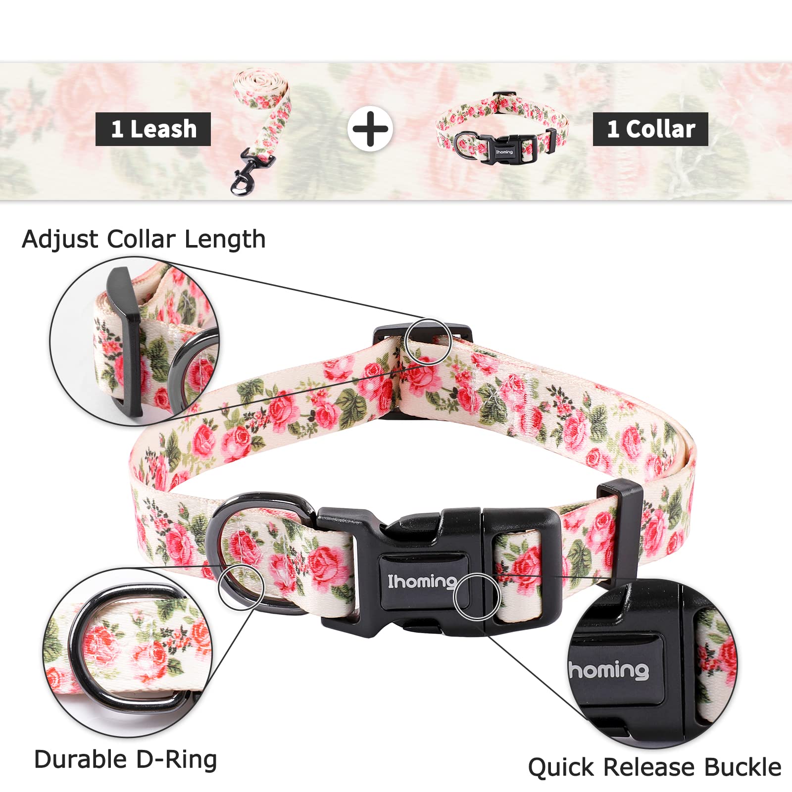 Ihoming Puppy Collar and Leash Set for Daily Outdoor Walking Running Training, Pink Flowers Design for Extra Small Boys Girls Do