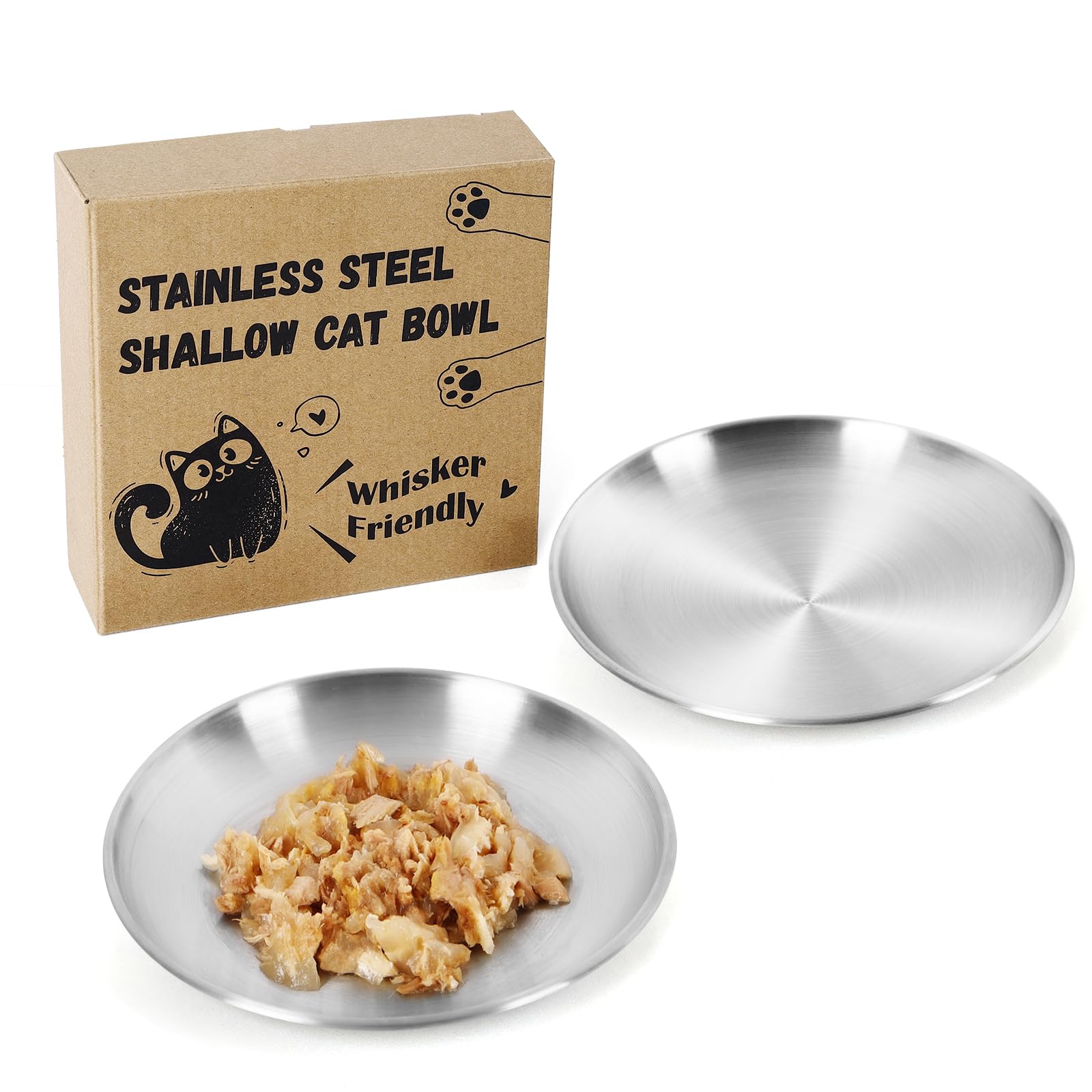 2-Pack Stainless Steel Cat Food Bowls - 6.7  Shallow, Whisker-Friendly Non-Slip Silicone Base,Easy to Clean Indoor Feeding Dishe