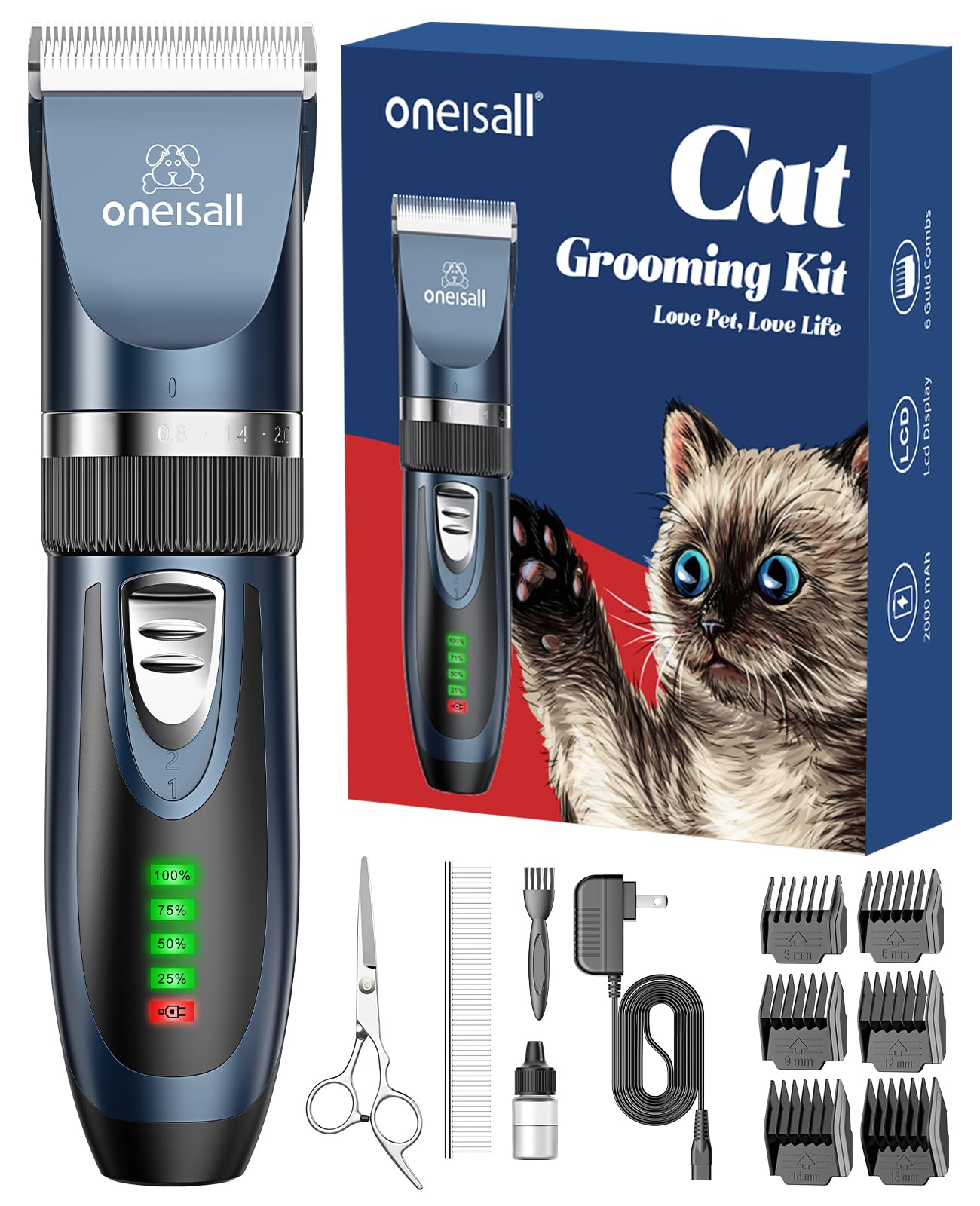 Oneisall Cat Clippers For Matted Hair, Quiet Cat Shaver For Long Hair, Cordless Cat Hair Trimmer For Grooming, 2 Speed Pet Shaver Cat Grooming Kit For Cats Small Dogs Animals (Blue)
