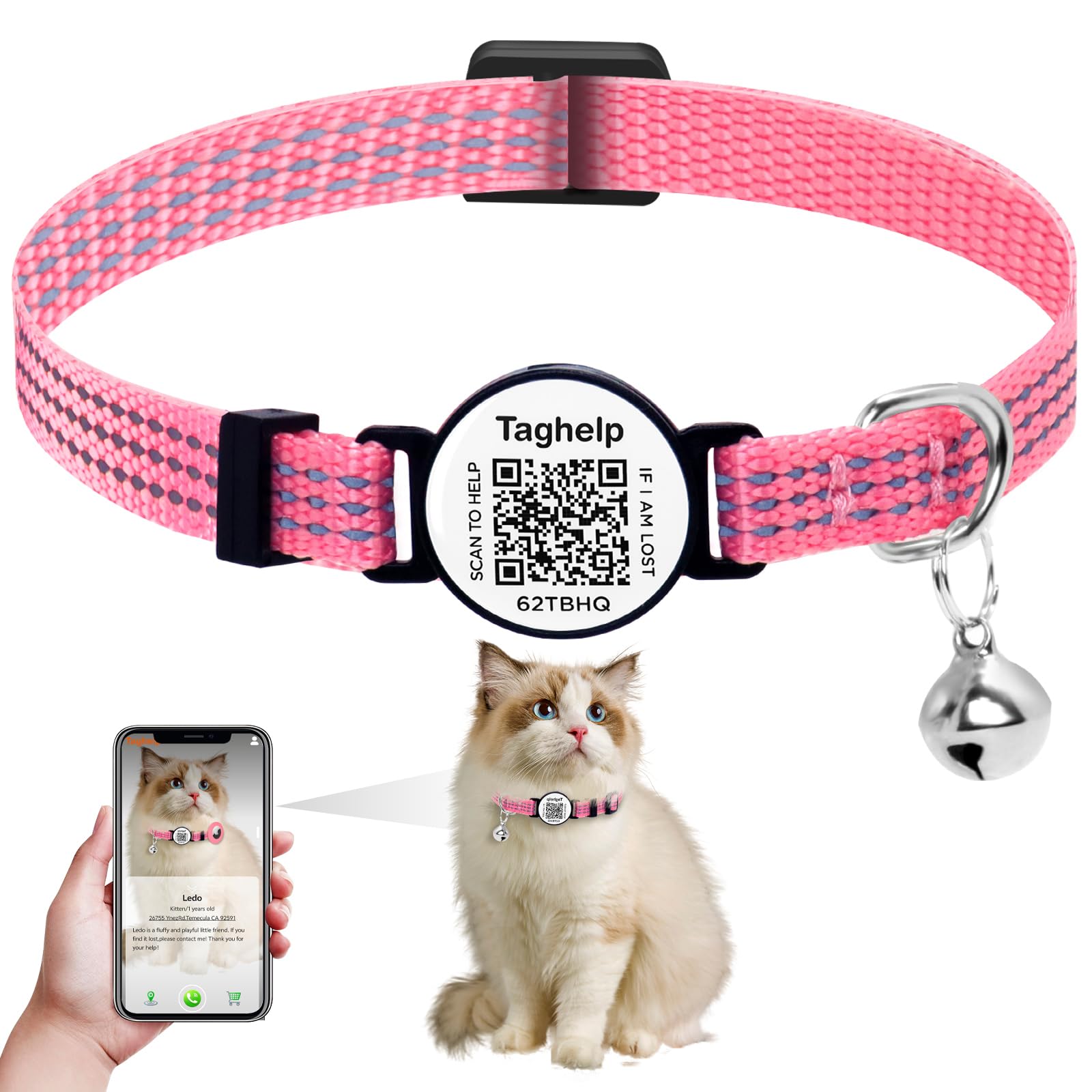 Reflective Cat Collar Personalized With Name Id Tag And Bell. Qr Code Name Tag, Cat Smart Id Tag Breakaway.Ultra-Durable, Adjust