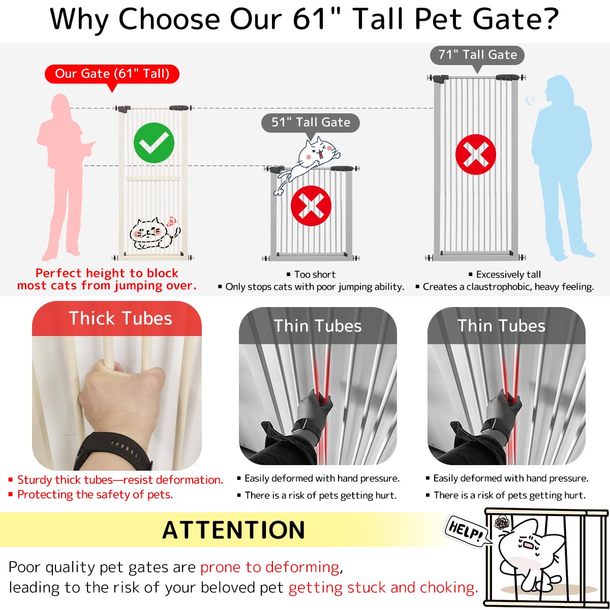 Lumizone Extra Tall Cat Gate 61.02' High Pressure Mounted Extra Wide 34.06'-38.38' (17Sizes) 1.37' Gap No Drilling Auto-Close Tall Pet Gate For Dogs (Cream, 34.06'-38.38'/86.5-97Cm)