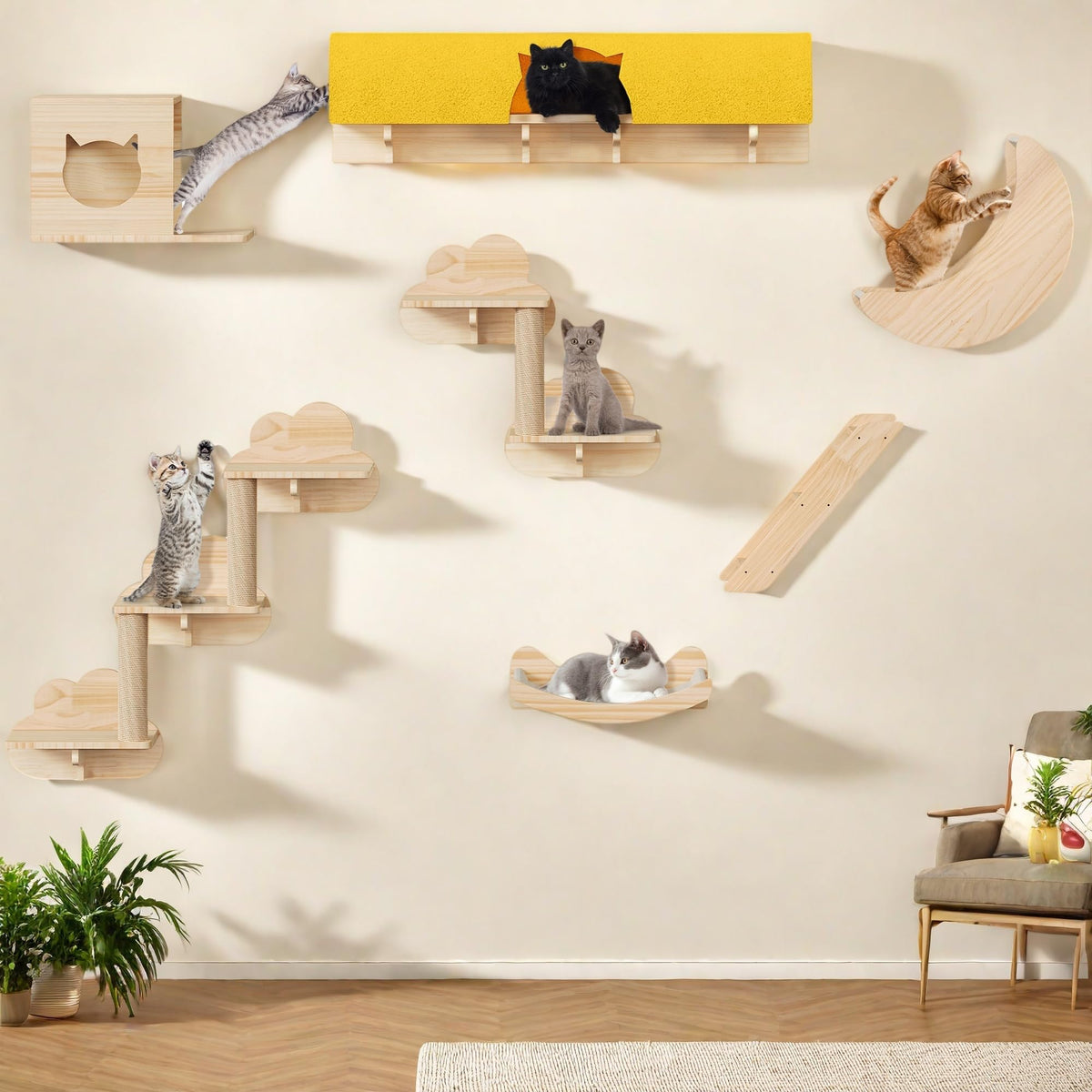 Yitahome Solid Wood Cat Wall Shelves And Perches For Wall, Pine Wall Mounted Cat Tree Set Of 13, Cat Climbing Shelves Playground