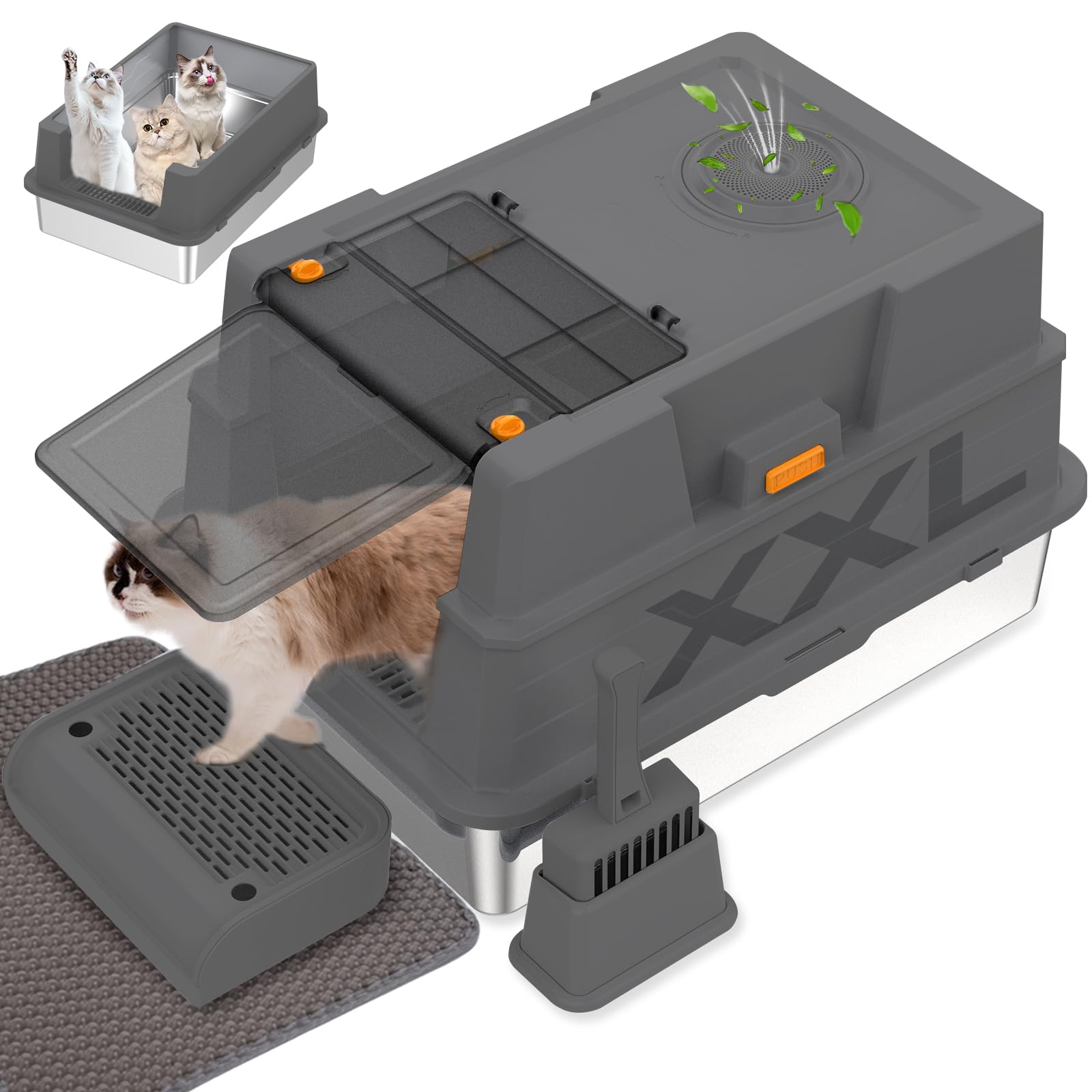 Elegx Xxxl Extra Large 28'' L  20'' W Odor-Control Stainless Steel Cat Litter Box, 4-In-1 Cat Metal Litter Box Set,Enclosed Remo