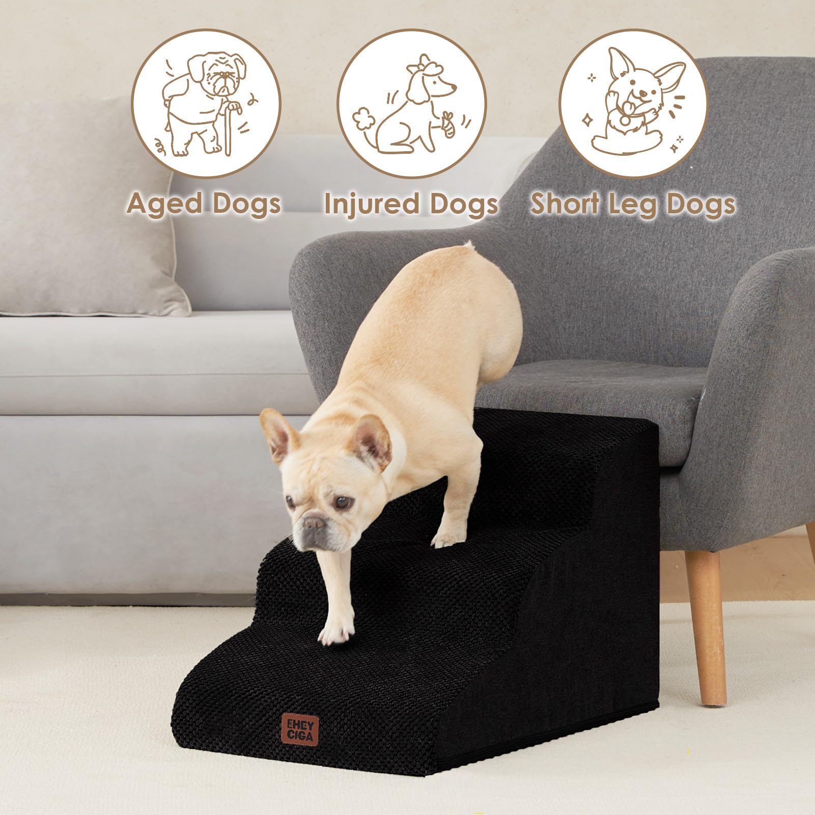 Eheyciga Curved Dog Stairs Ramp For Small Dogs 15.7' H, 3-Step Dog Steps For Couch Sofa And Chair, Pet Stairs For Cats, Non-Slip Balanced Pet Steps Indoor, Black