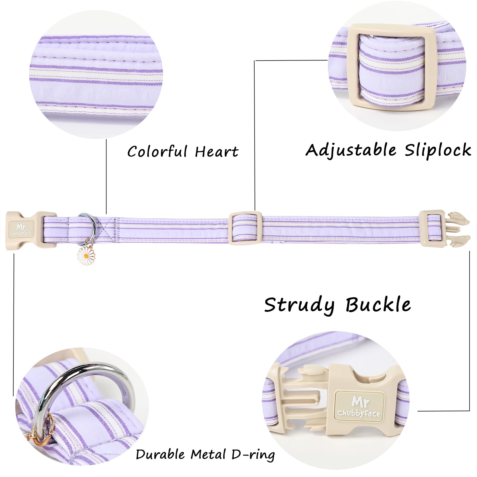Mr.Chubbyface Cotton Dog Collar, Cute Lavender Summer Puppy Collar With Plastic Buckle, Adjustable Soft Natural Fabric Pet Colla