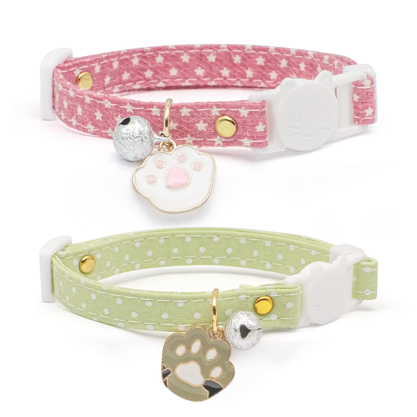2 Pack Cotton Breakaway Cat Collar With Bell Pink & Green Paw Pendant Cute Kitten Cat Collar Suitable For Girls And Boys