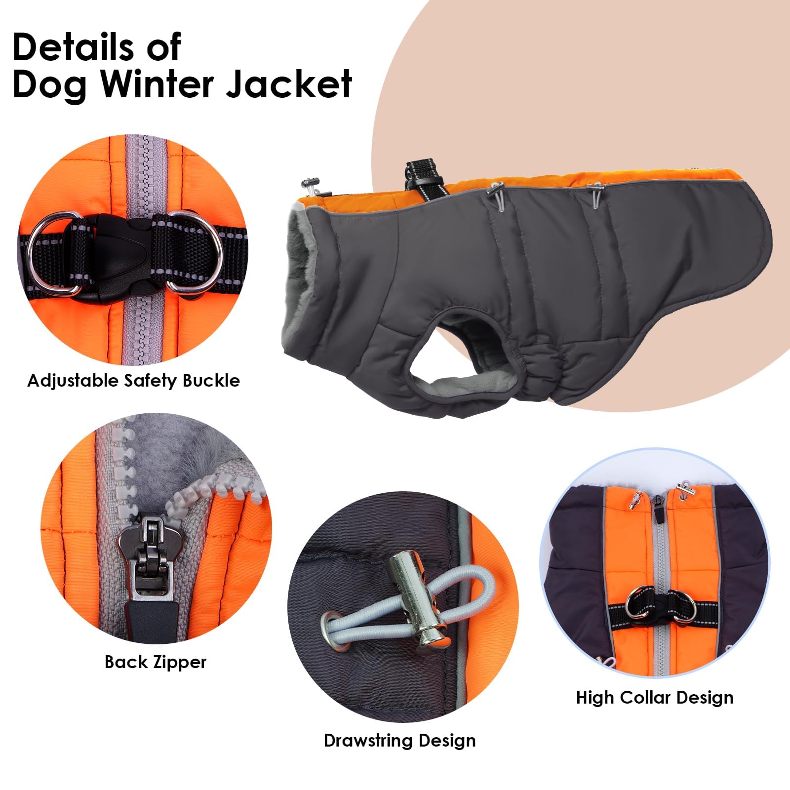 IKIPUKO Dog Coat - Large Dog Winter Jacket, Warm Zip Up Snowsuit, Reflective, Water-Resistant, Orange-Gray