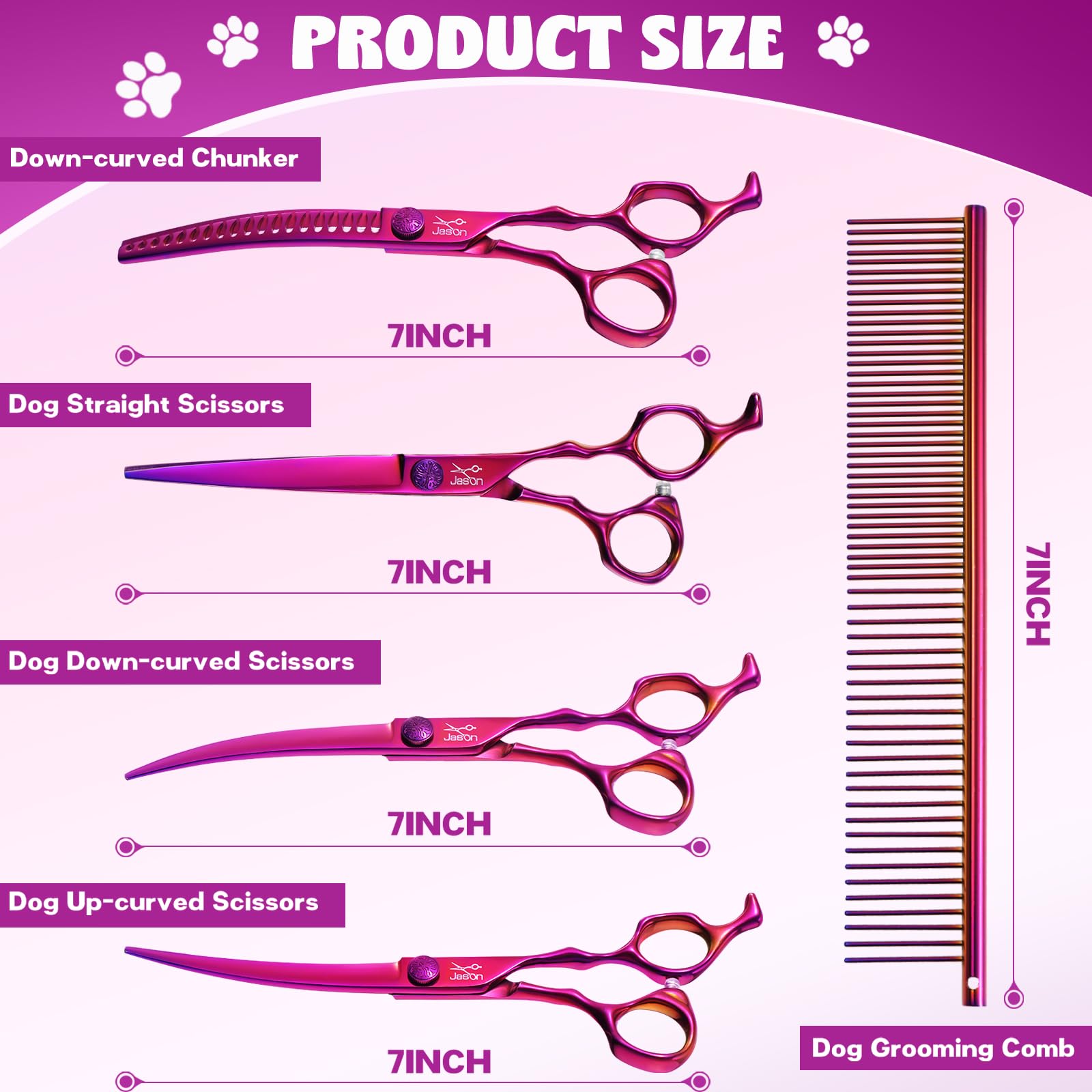 Jason Dog Grooming Scissors Set - Professional 6 In 1 Dog Shears Set - 7'' Curved Chunker, 7'' Straight, 7'' Up-Curved, 7'' Down