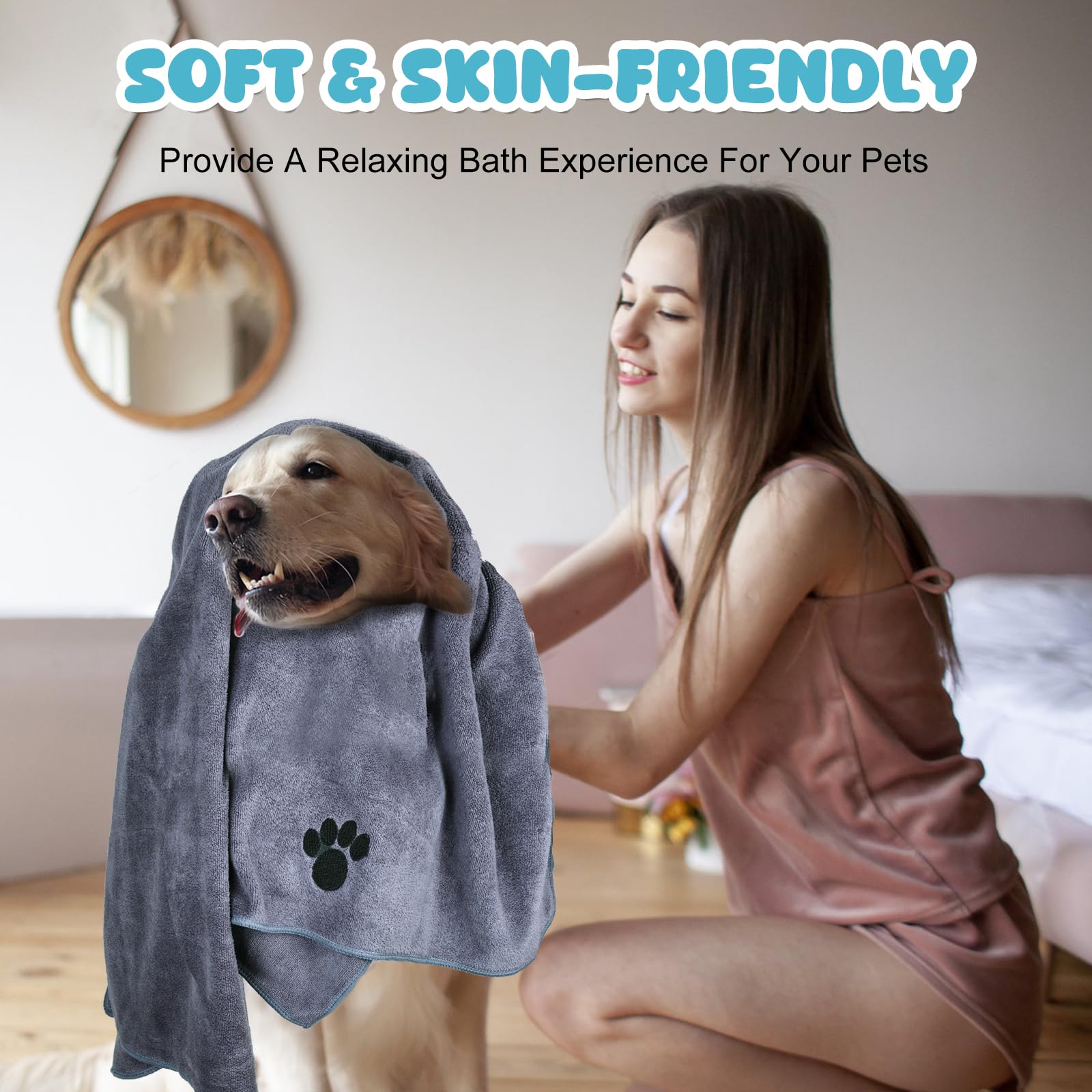 WOUSEDO Microfiber Dog Towels - 40'' x 23.6'', Super Absorbent, Soft, 2-Pack Grey, Perfect for Bath & Grooming Supplies
