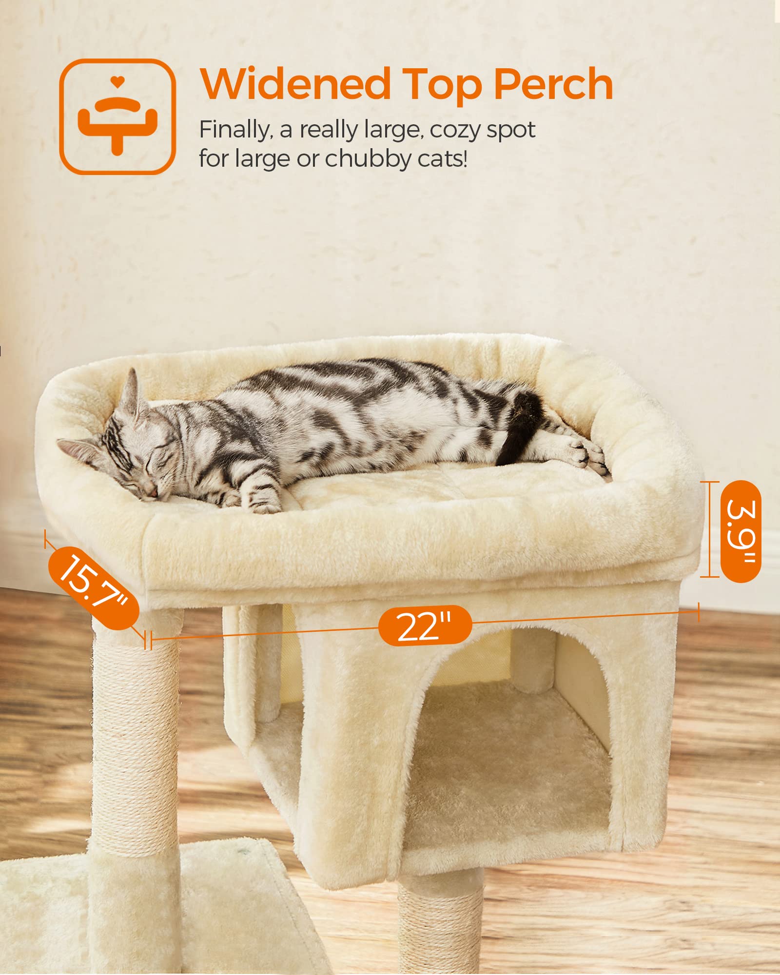 Feandrea Cat Tree, 33.1-Inch Cat Tower, L, Cat Condo for Large Cats up to 16 lb, Large Cat Perch, 2 Cat Caves, Scratching Post,