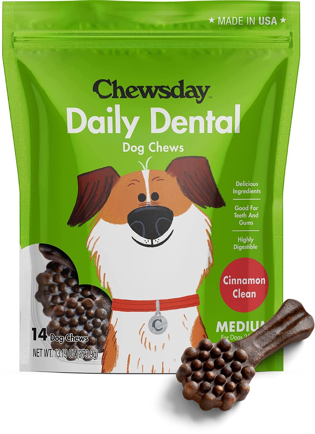 Chewsday Medium Cinnamon Clean Daily Dental Dog Chews, Made In The Usa, Natural Highly-Digestible Oral Health Treats For Healthy Gums And Teeth - 14 Count