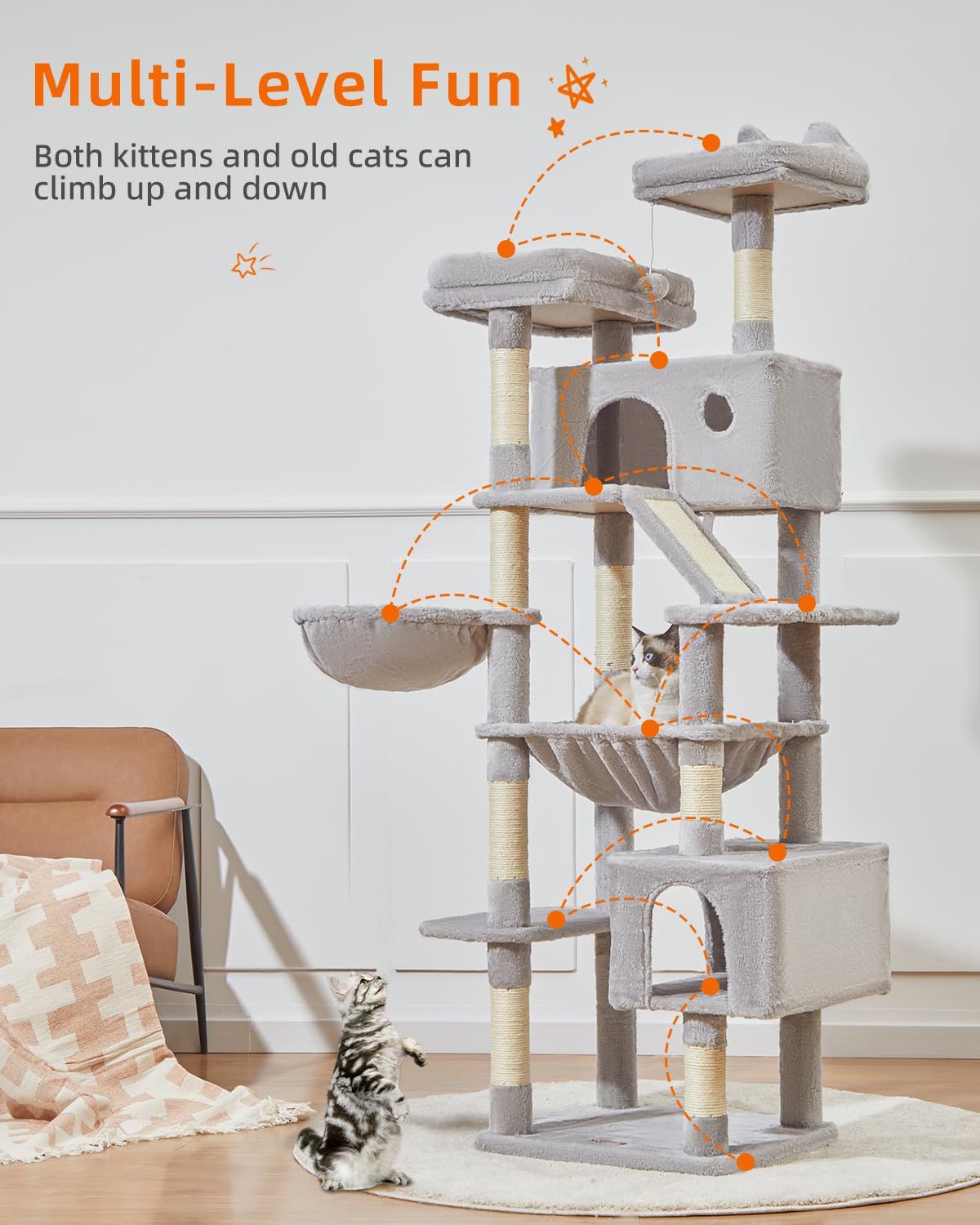 Taoqimiao Cat Tree 71-Inch, Cat Tower for Indoor Cats Large Adult, Multi-Level Large Cat Condo, 8 Sisal Scratching Posts, Metal