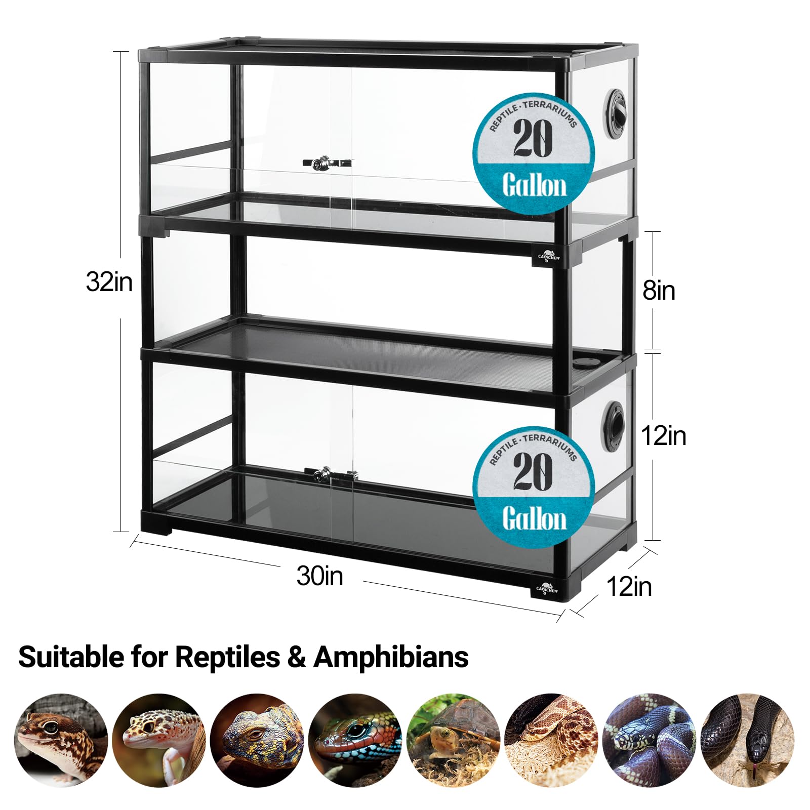Cavachew Double Stacked Reptile Tank, 30'' X 12'' X 32'' Tall Reptiles Terrarium, Front Opening, Full Vision, Knock Down, 2 Pack