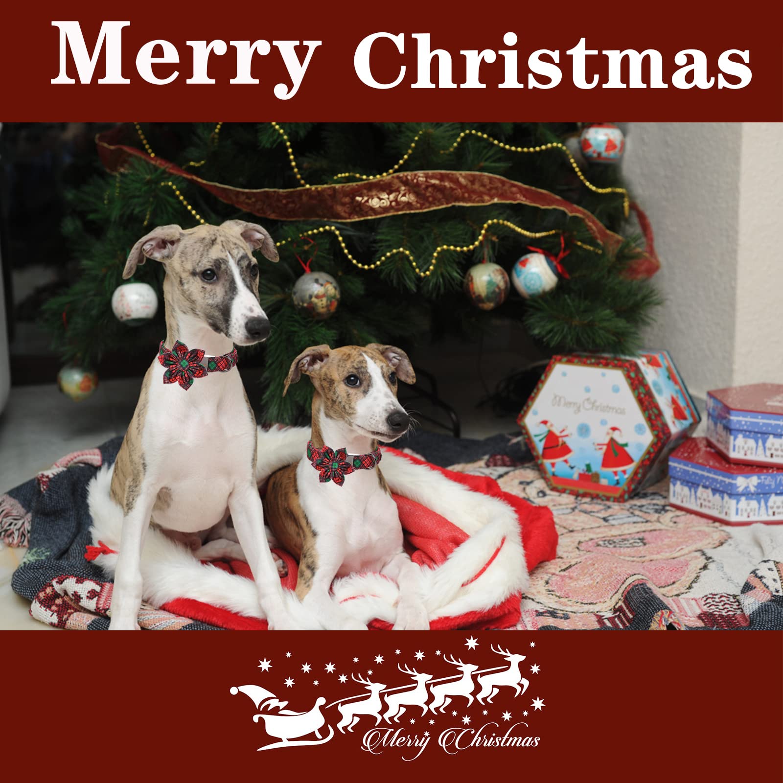 Unique Style Paws Christmas Dog Collar With Flower Tie Red Green Plaid Adjustable Cotton Puppy Collar For Small Medium Large Dogs-S