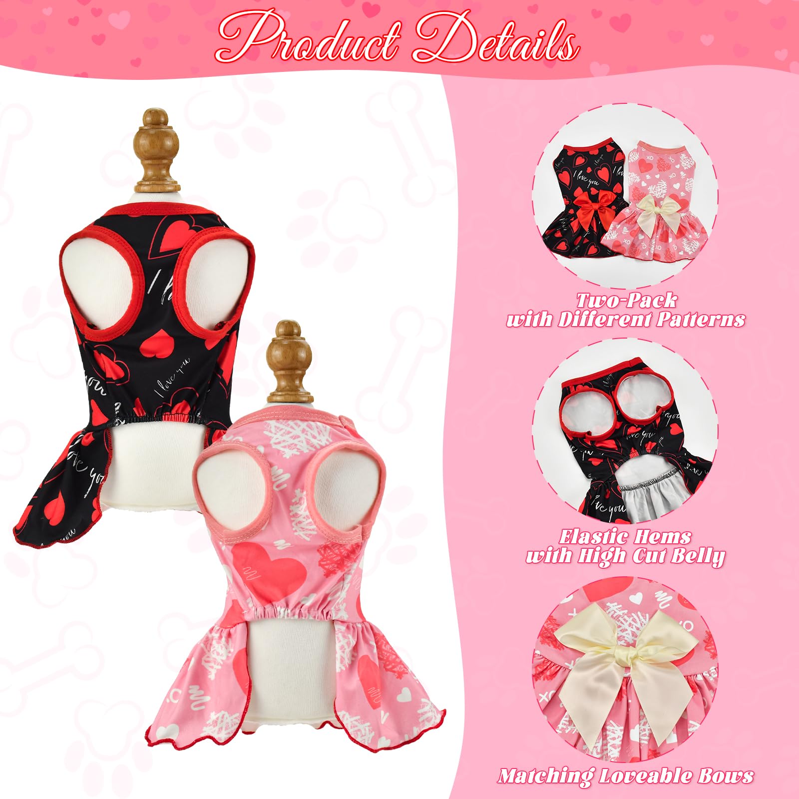 Vehomy 2-Pack Valentine'S Day Dog Cat Dress Love Heart Dog Dresses Puppy Valentines Day Skirt Dog Pet Valentines Day Costume Out