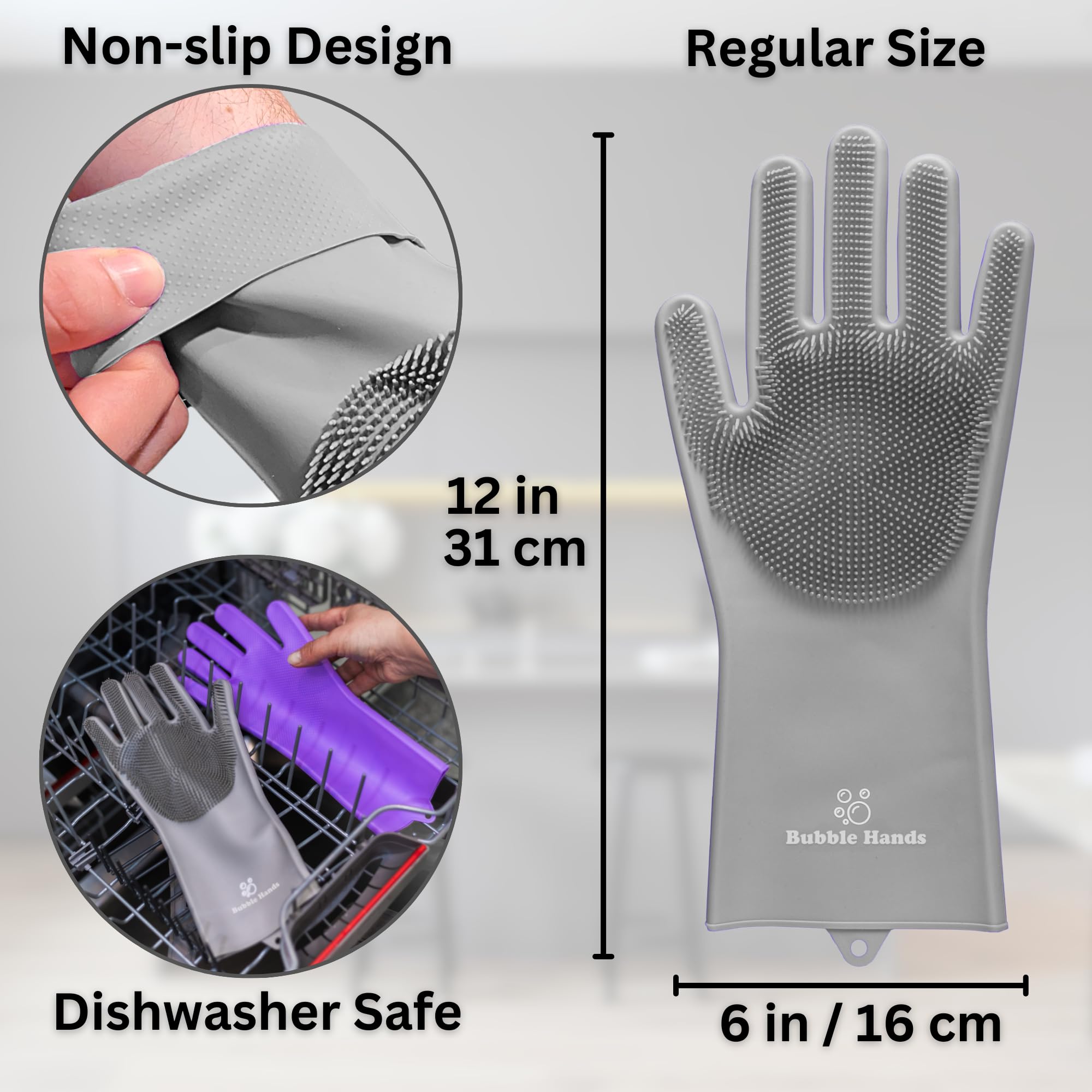 Bubble Hands Dog Washing Gloves With Bristle Scrubbers, Reusable Silicone Gloves Ideal For Pet Bathing, Massaging & Grooming (Gr