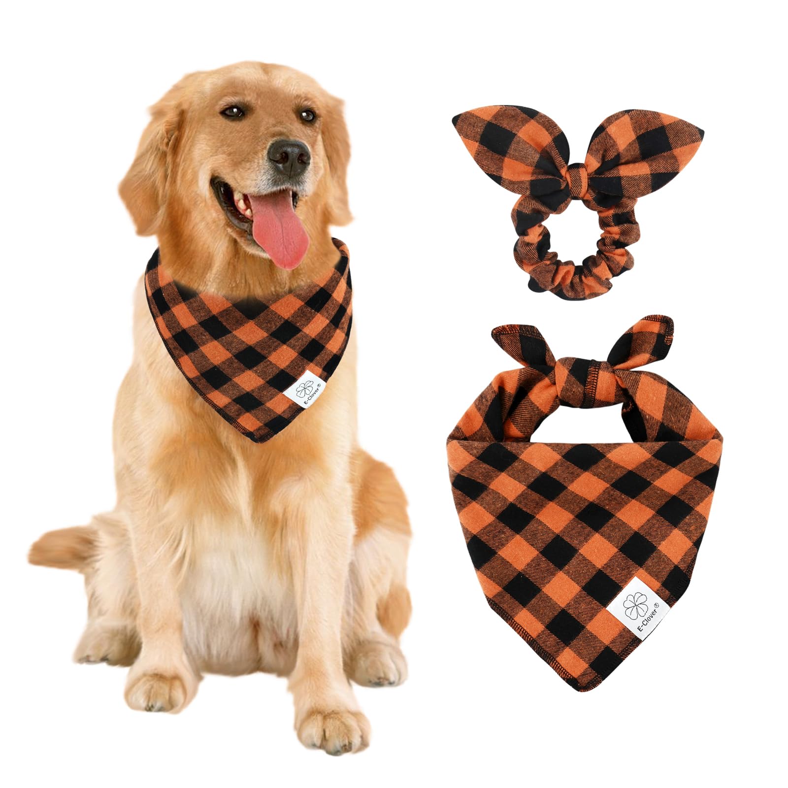 E-Clover Dog Bandana & Matching Scrunchie-Orange Black Dog Bandanas Plaid Pet Scarf Bib For Medium Large Dogs Girl Boy Owner Gif