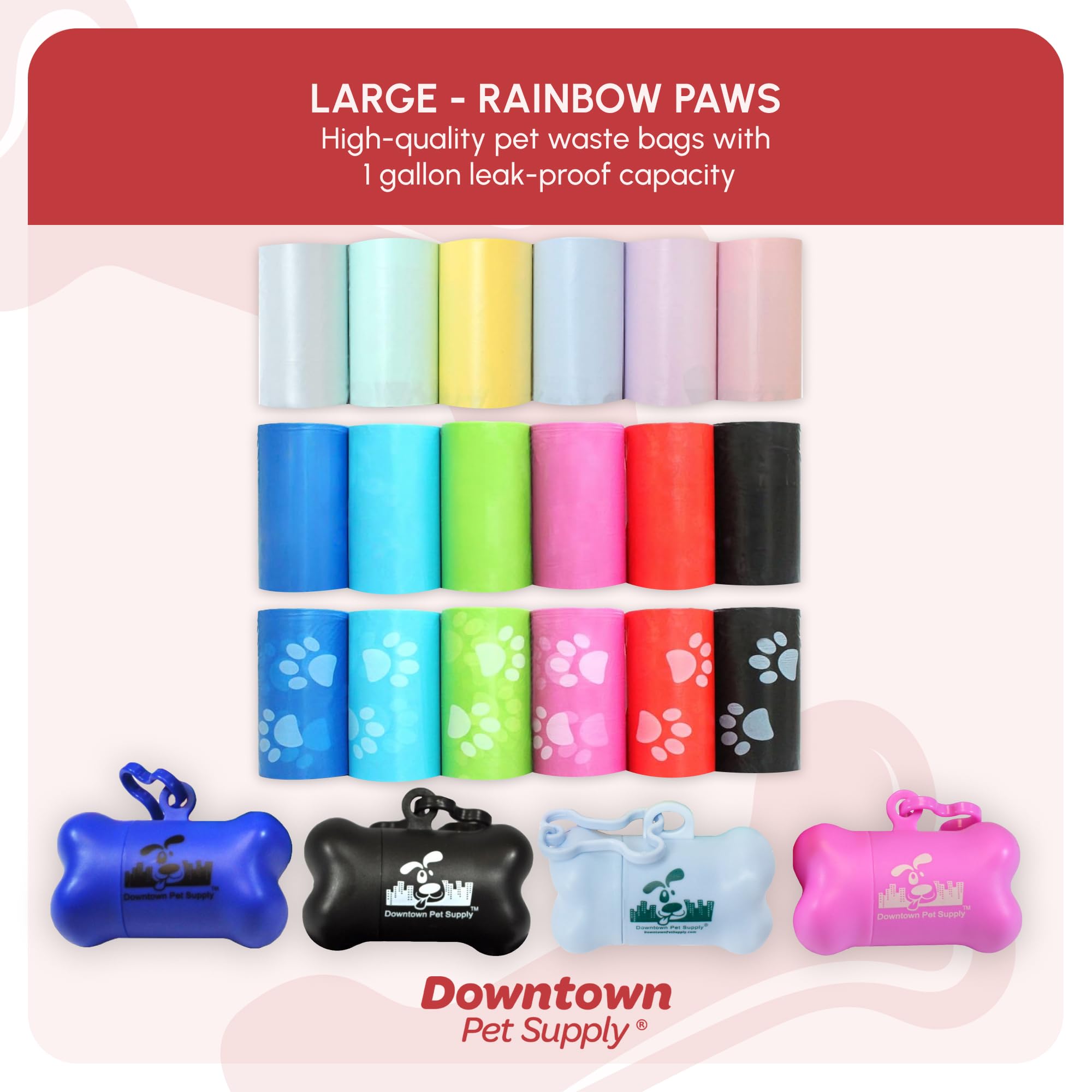Downtown Pet Supply 500 Count Unscented Dog Waste Bags with Dog Poop Bag Dispenser, Rainbow with Paw Prints - Leak-Proof Dog Poo