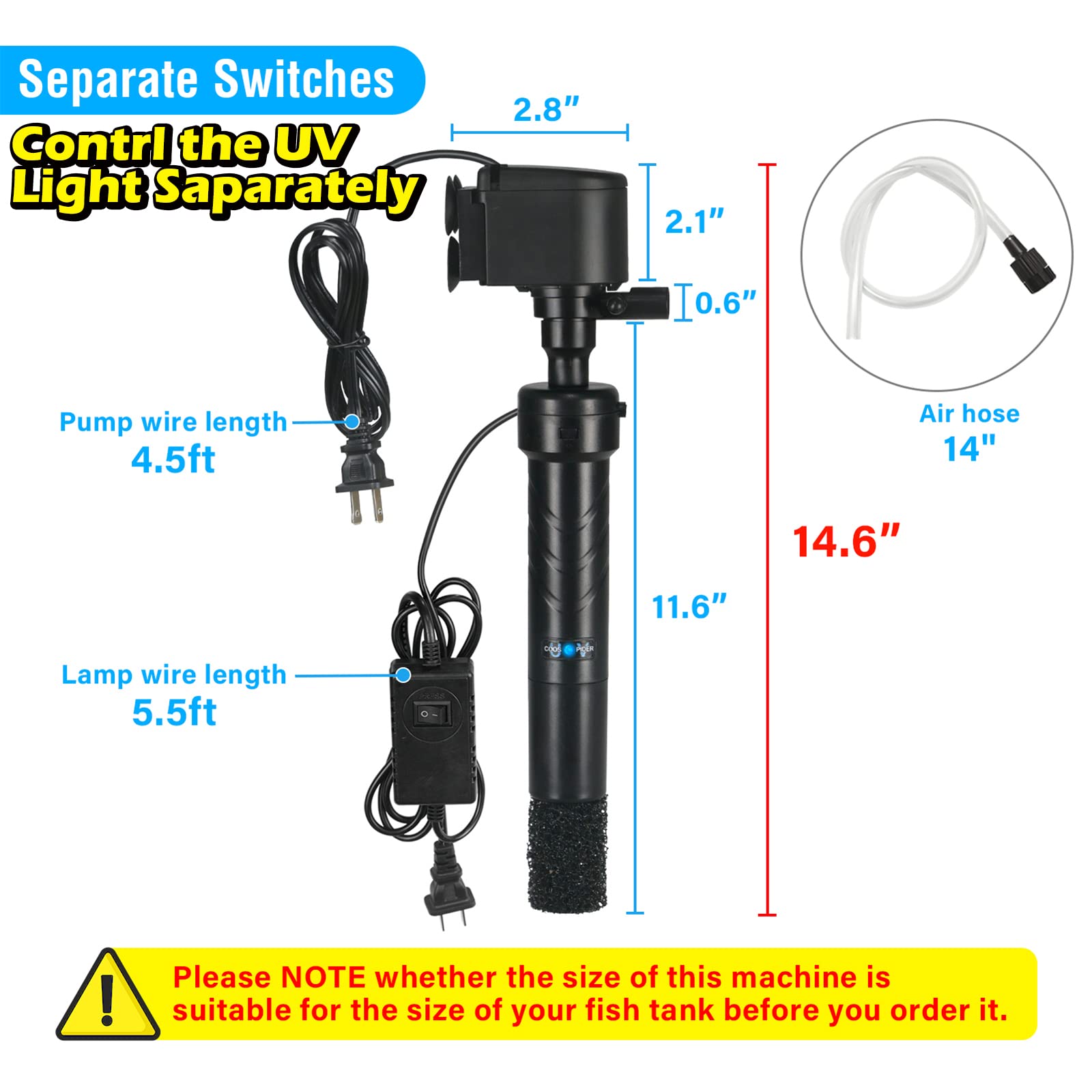 Coospider Aquarium U-V Filter Green Clean Machine For 40-100 Gallon Fish Tank Crystal Clear 300Gph Submersible Water Pump Air Supply Wave Maker Green Killing