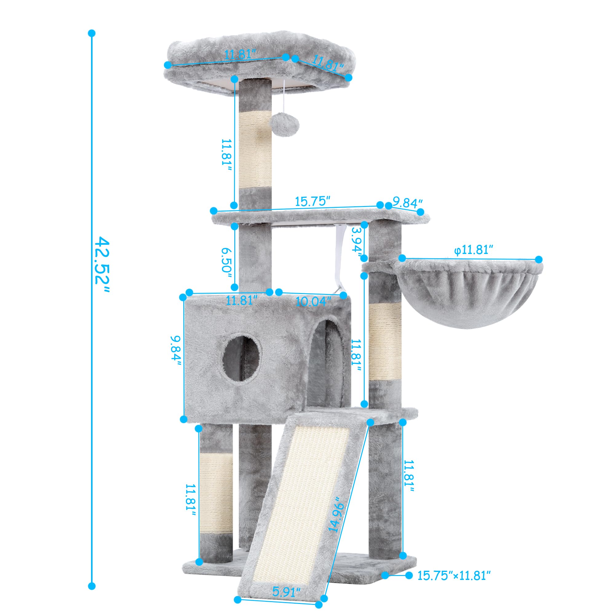 Hey-Brother Cat Tree, 42.5-Inches Cat Tower For Indoor Cats, Plush Multi-Level Kitten Cat Condo With Scratching Post,Ramp, Baske