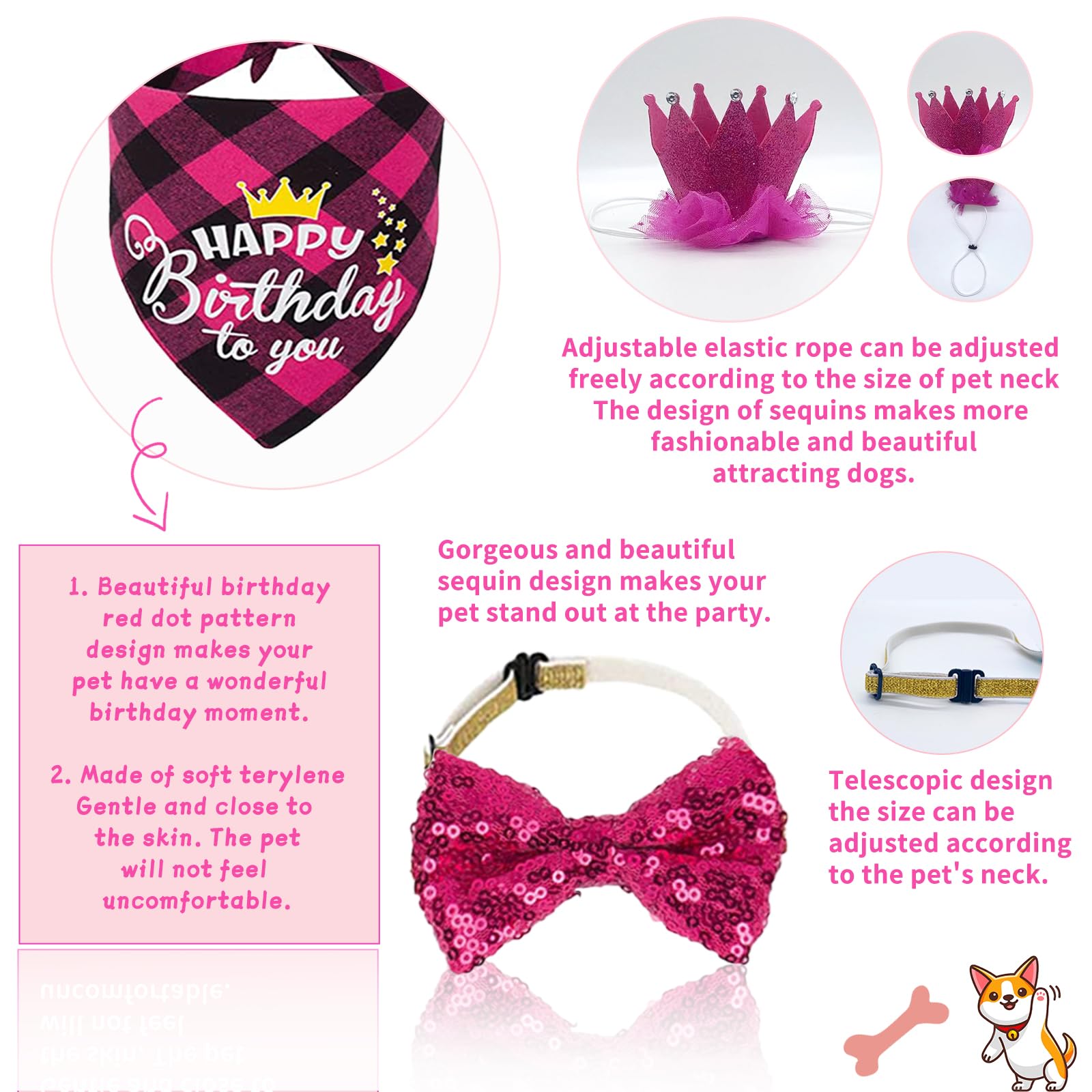 Dog Birthday Bandana Girl Dog Birthday Party Supplies with Red Dog Tutu Crown Scarf Numbers Red Bowtie Dog Tutu Skirt Paw Balloo